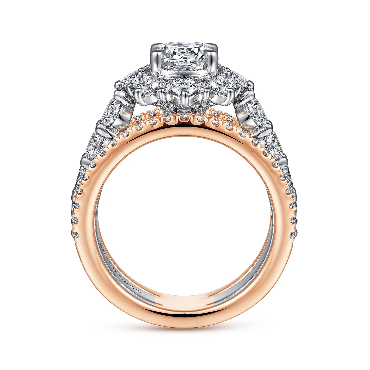 Round Fancy Halo Diamond Engagement Ring in 14K White/Rose Gold, photograph 2