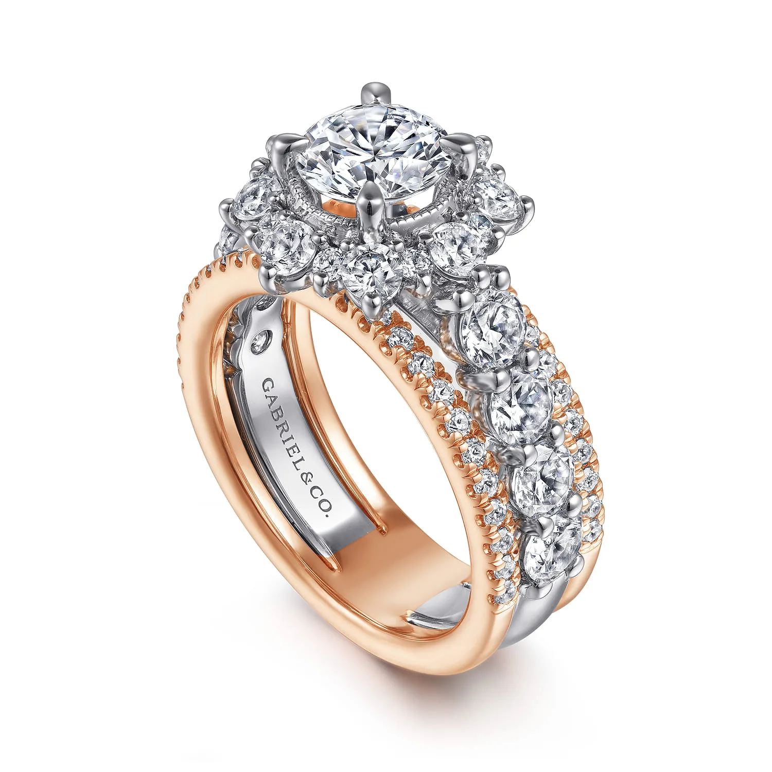 Round Fancy Halo Diamond Engagement Ring in 14K White/Rose Gold, photograph 3