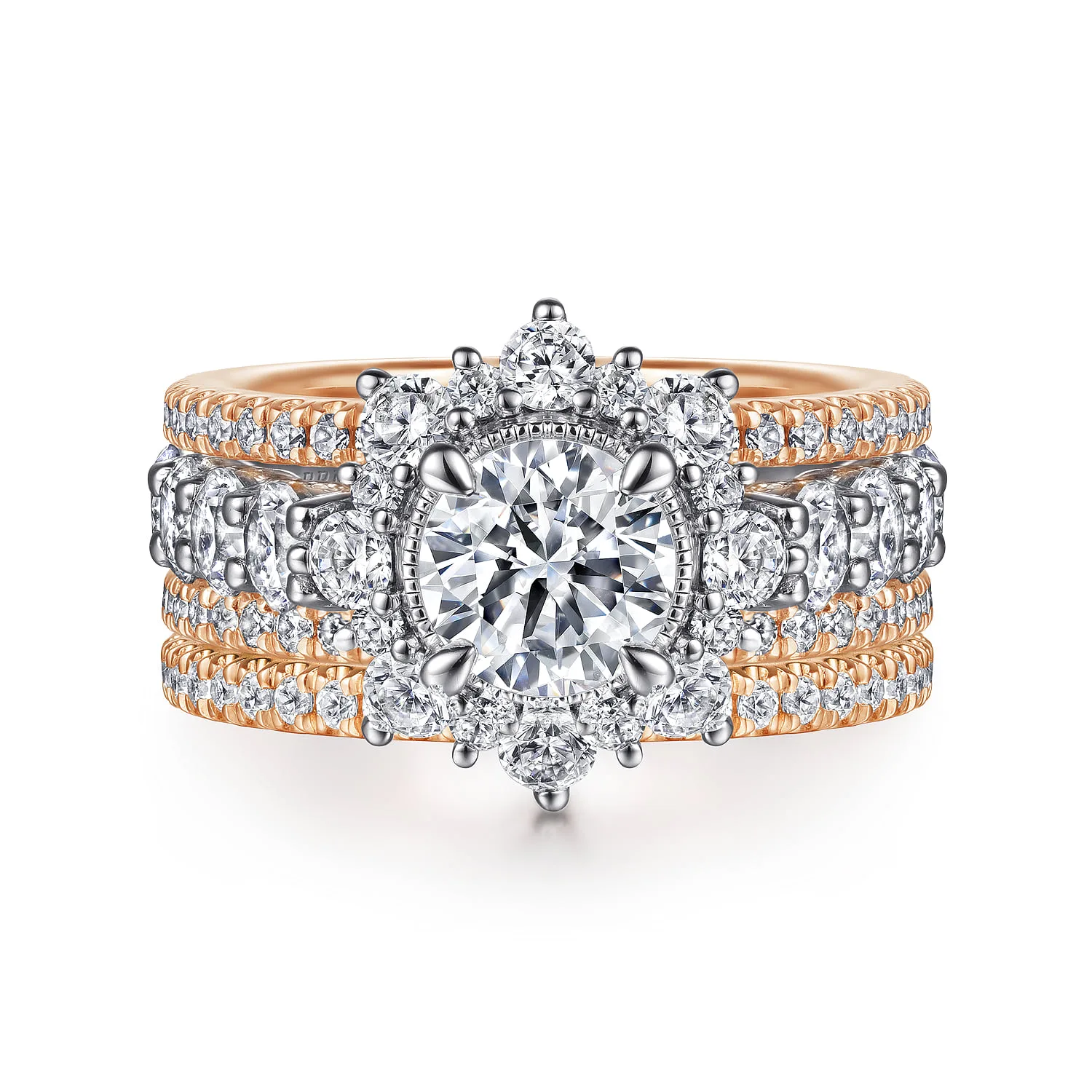 Round Fancy Halo Diamond Engagement Ring in 14K White/Rose Gold, photograph 4