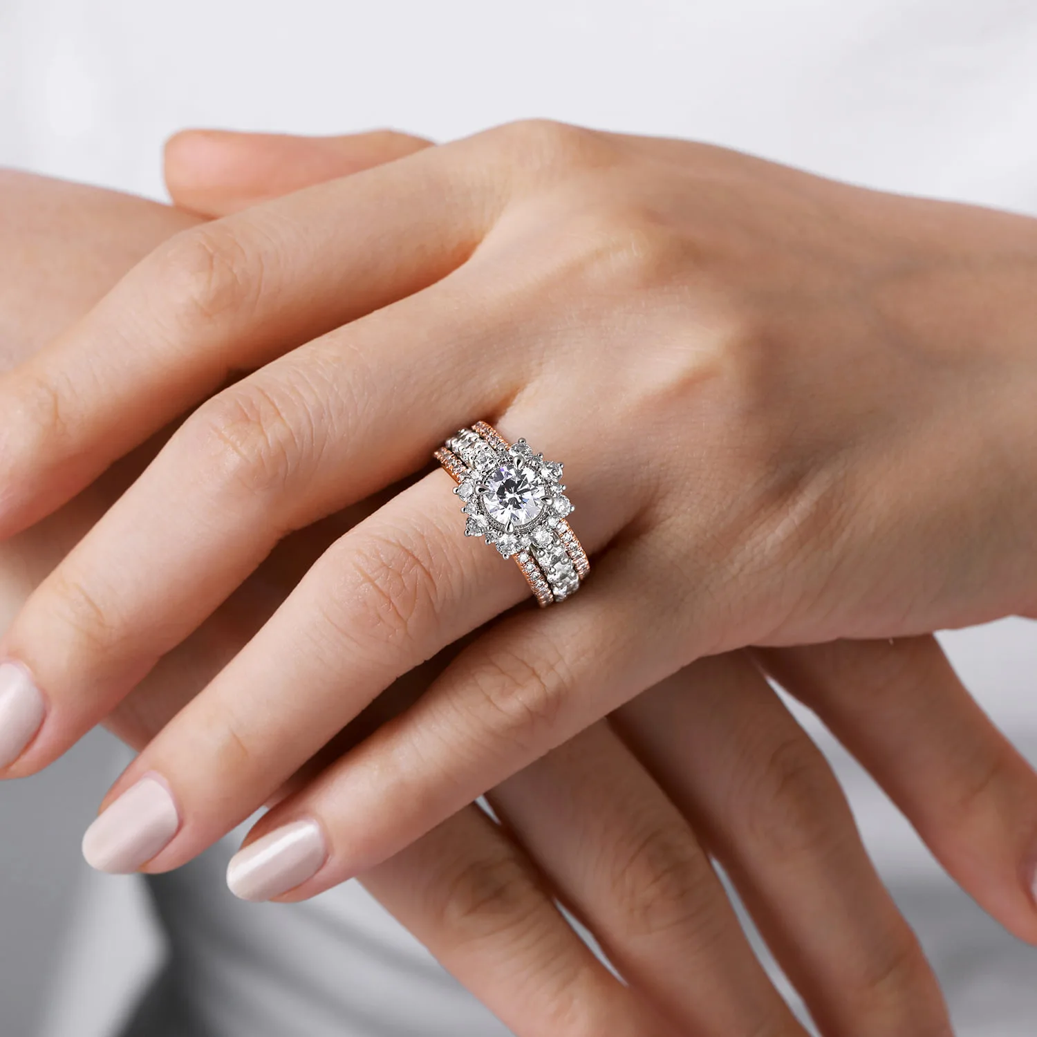 Round Fancy Halo Diamond Engagement Ring in 14K White/Rose Gold, photograph 6