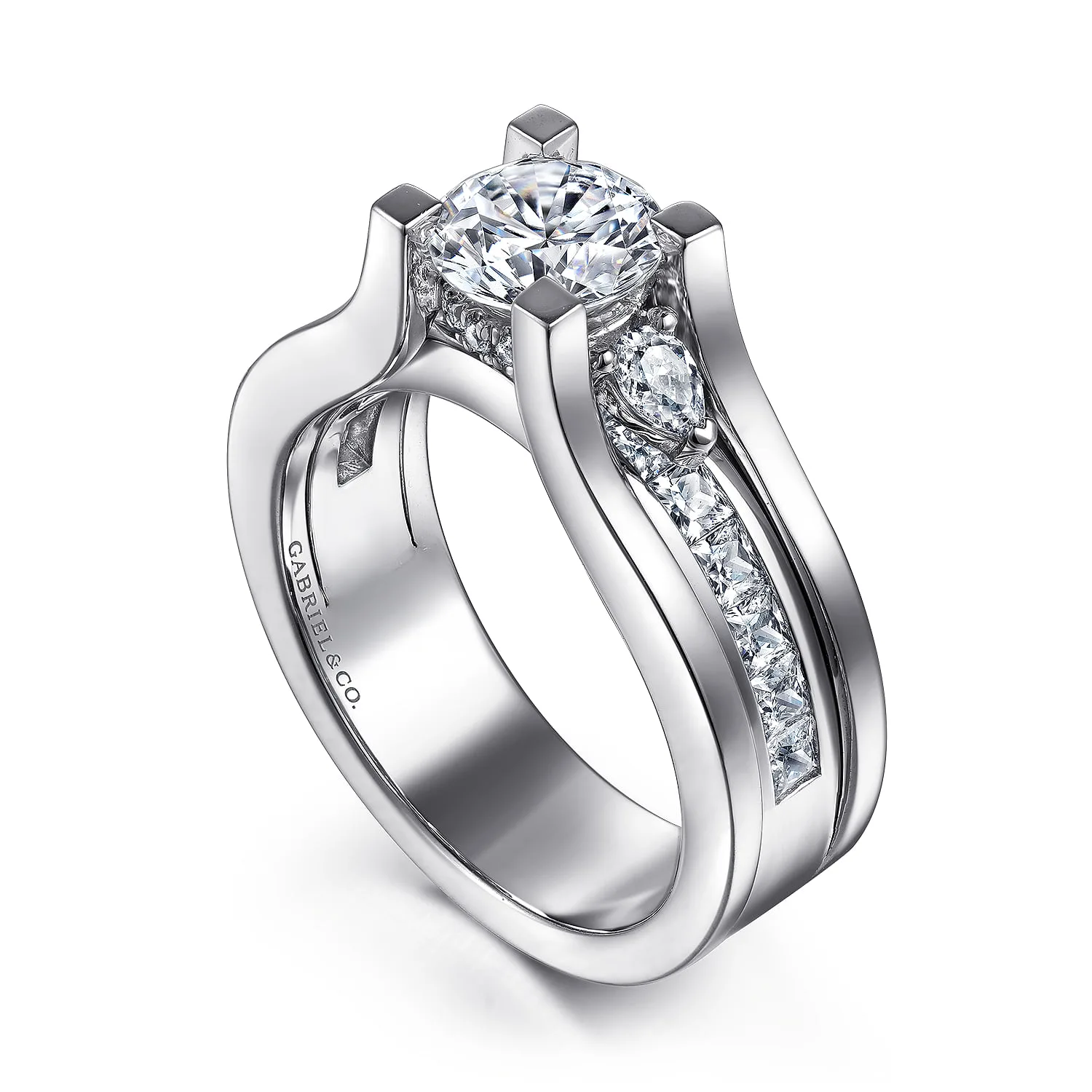 Round Wide Band Diamond Channel Set Engagement Ring in 14K White Gold, photograph 3
