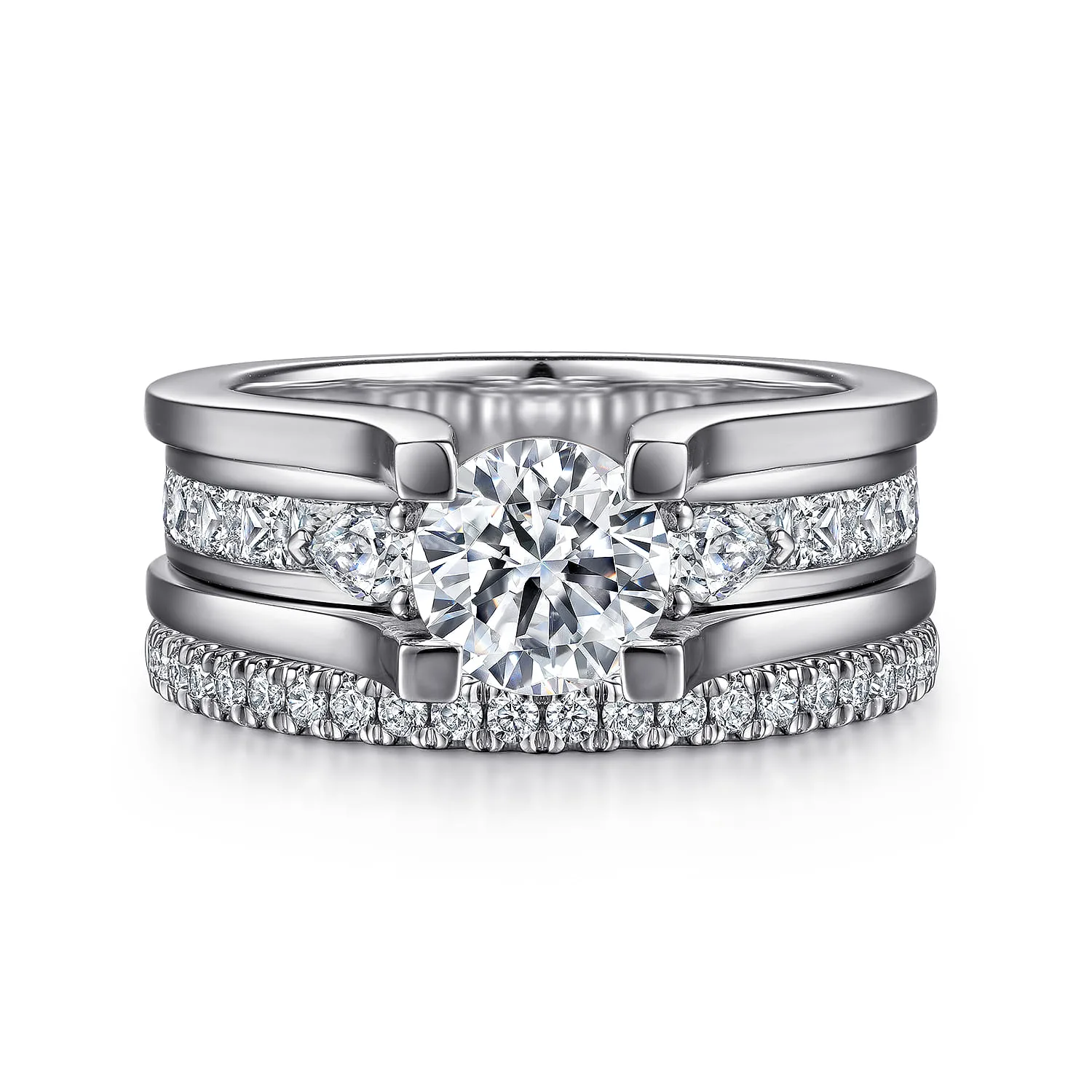 Round Wide Band Diamond Channel Set Engagement Ring in 14K White Gold, photograph 4