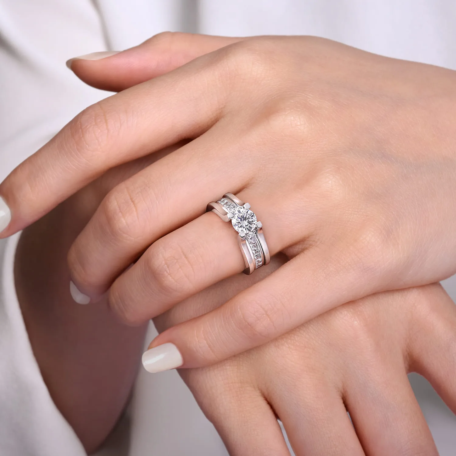 Round Wide Band Diamond Channel Set Engagement Ring in 14K White Gold, photograph 6