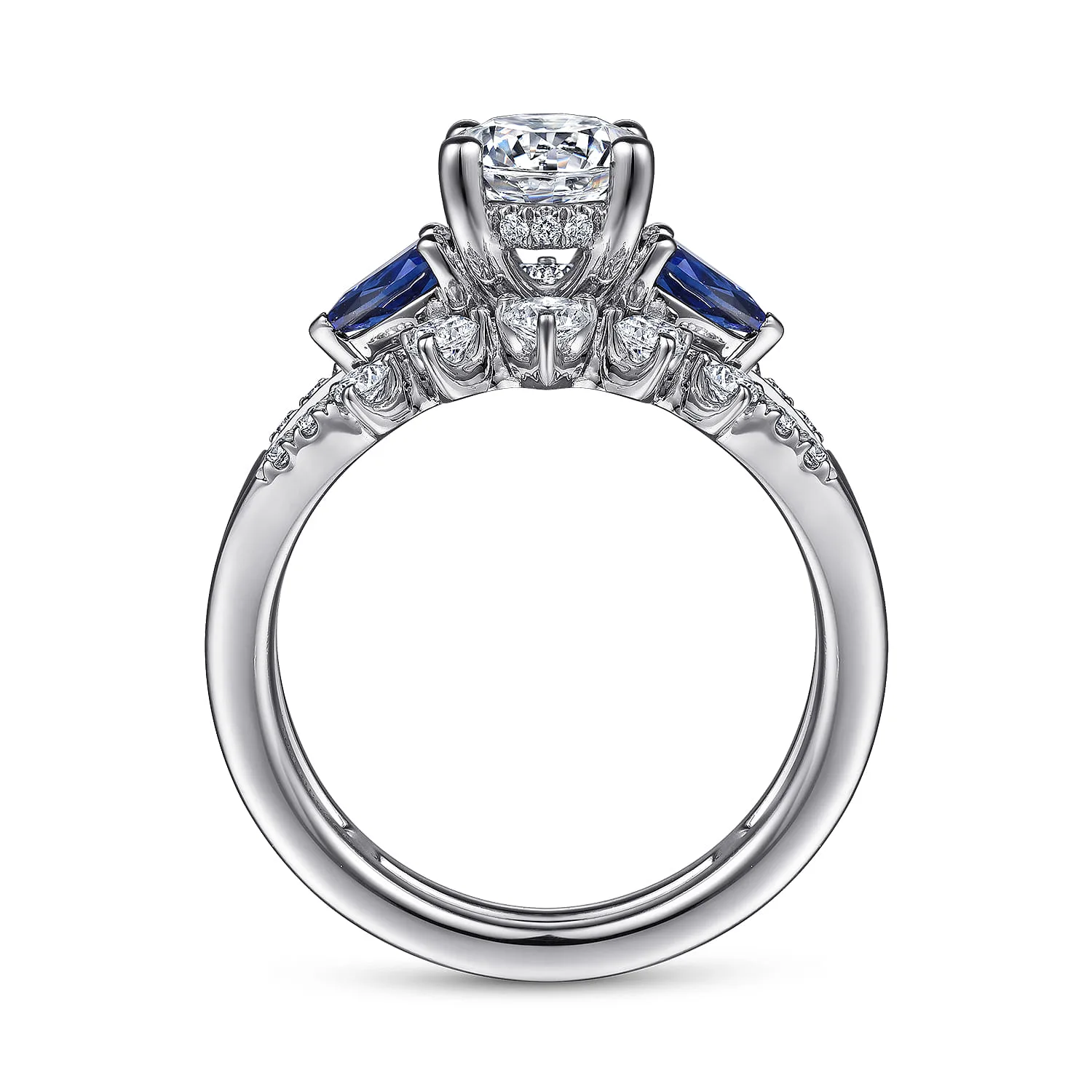 Round Three Stone Sapphire and Diamond Engagement Ring in 14K White Gold, photograph 2