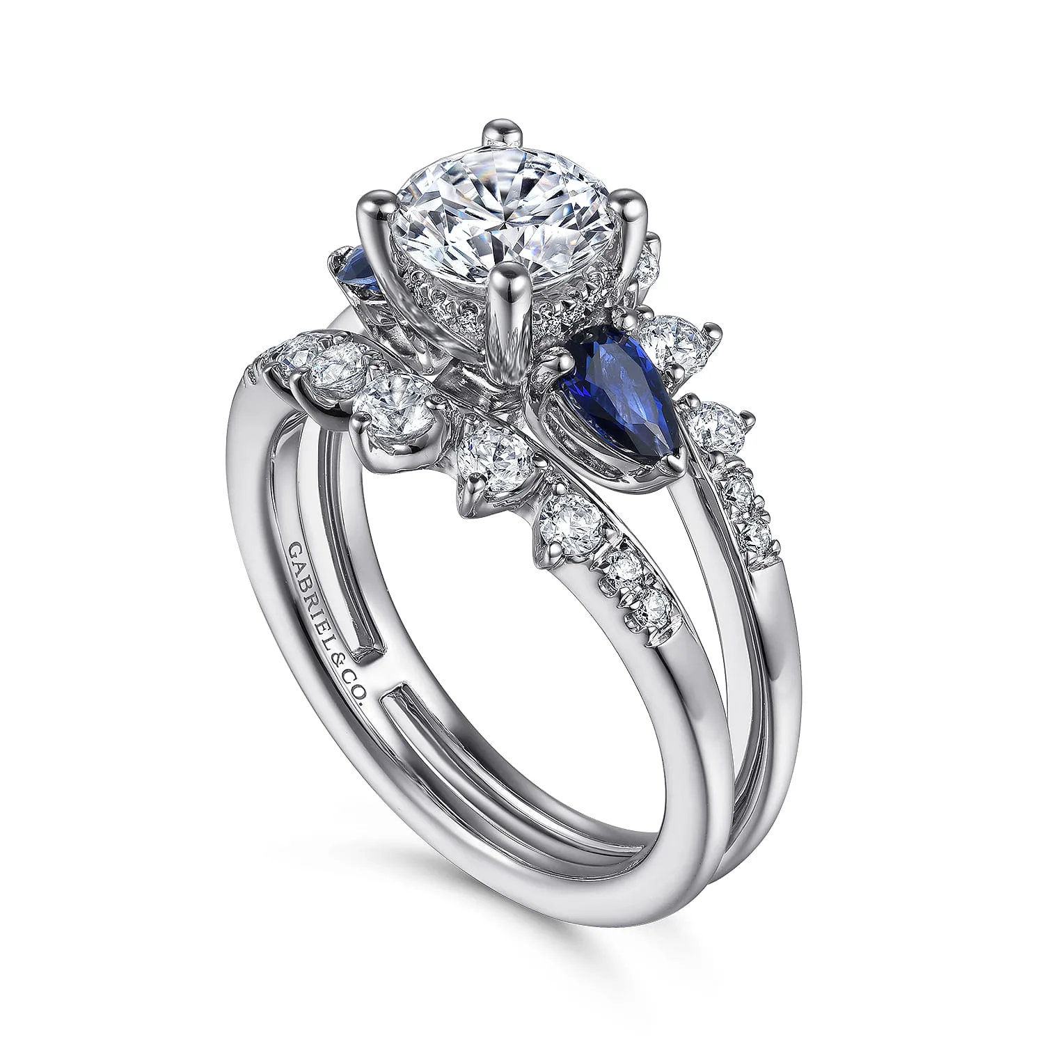 Round Three Stone Sapphire and Diamond Engagement Ring in 14K White Gold, photograph 3
