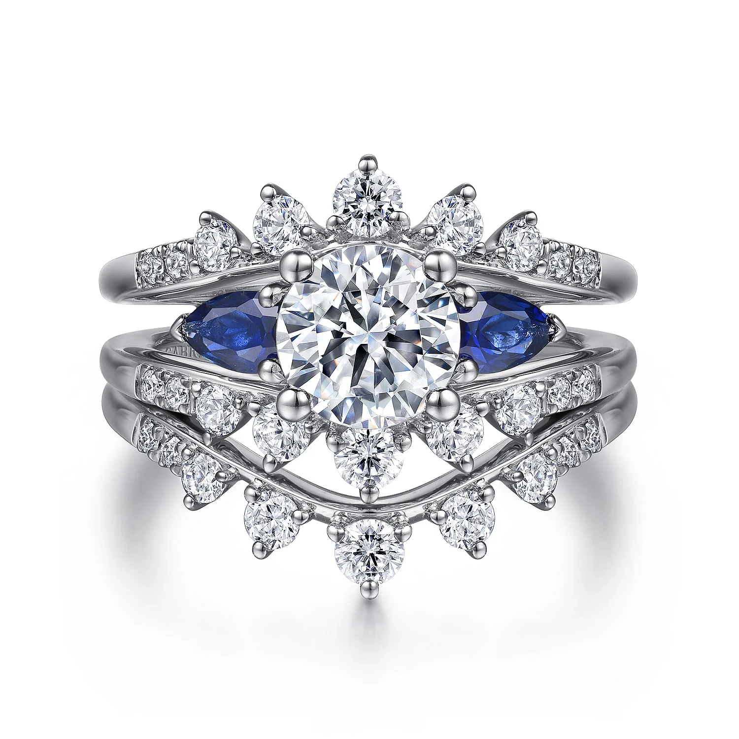 Round Three Stone Sapphire and Diamond Engagement Ring in 14K White Gold, photograph 4