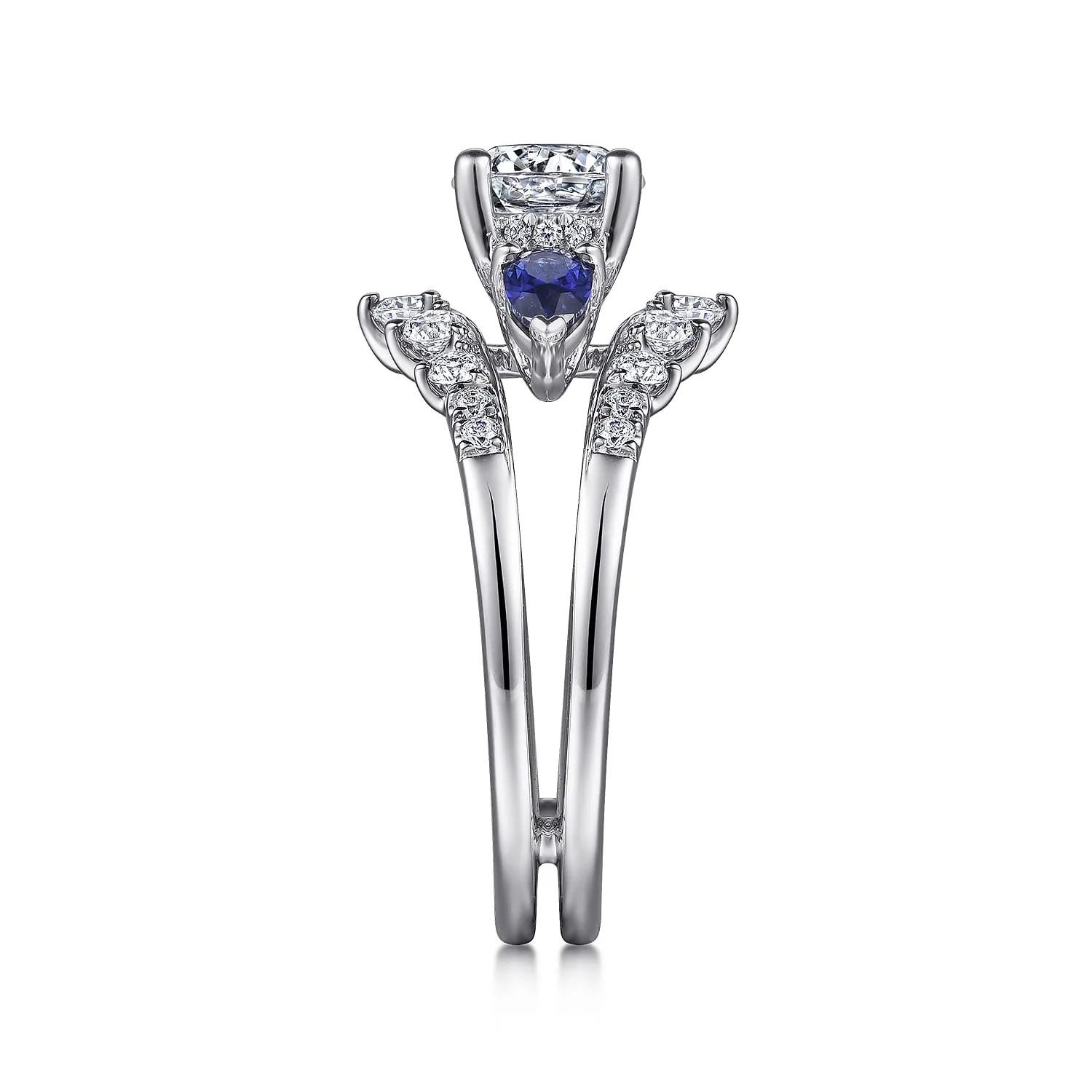 Round Three Stone Sapphire and Diamond Engagement Ring in 14K White Gold, photograph 5
