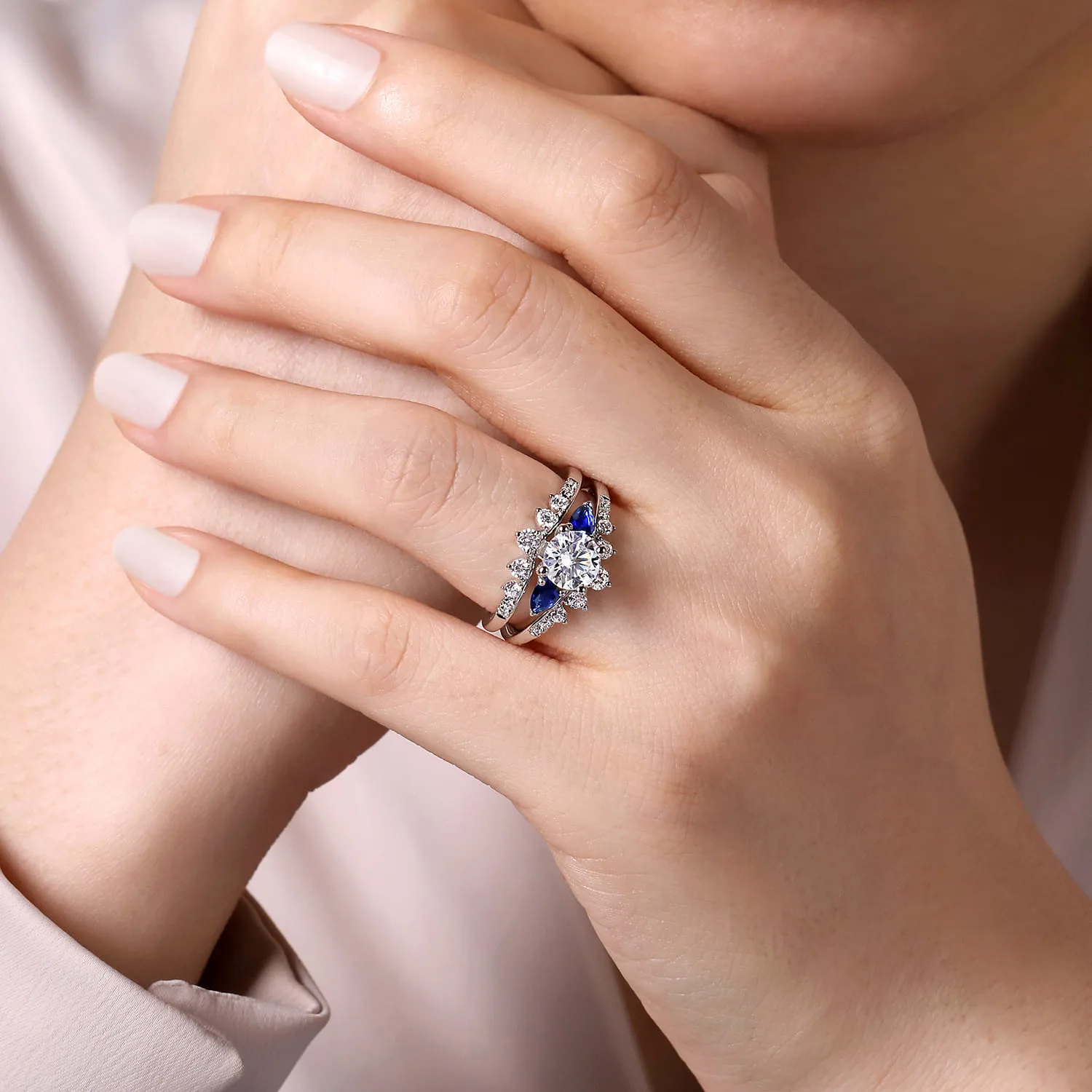 Round Three Stone Sapphire and Diamond Engagement Ring in 14K White Gold, photograph 6