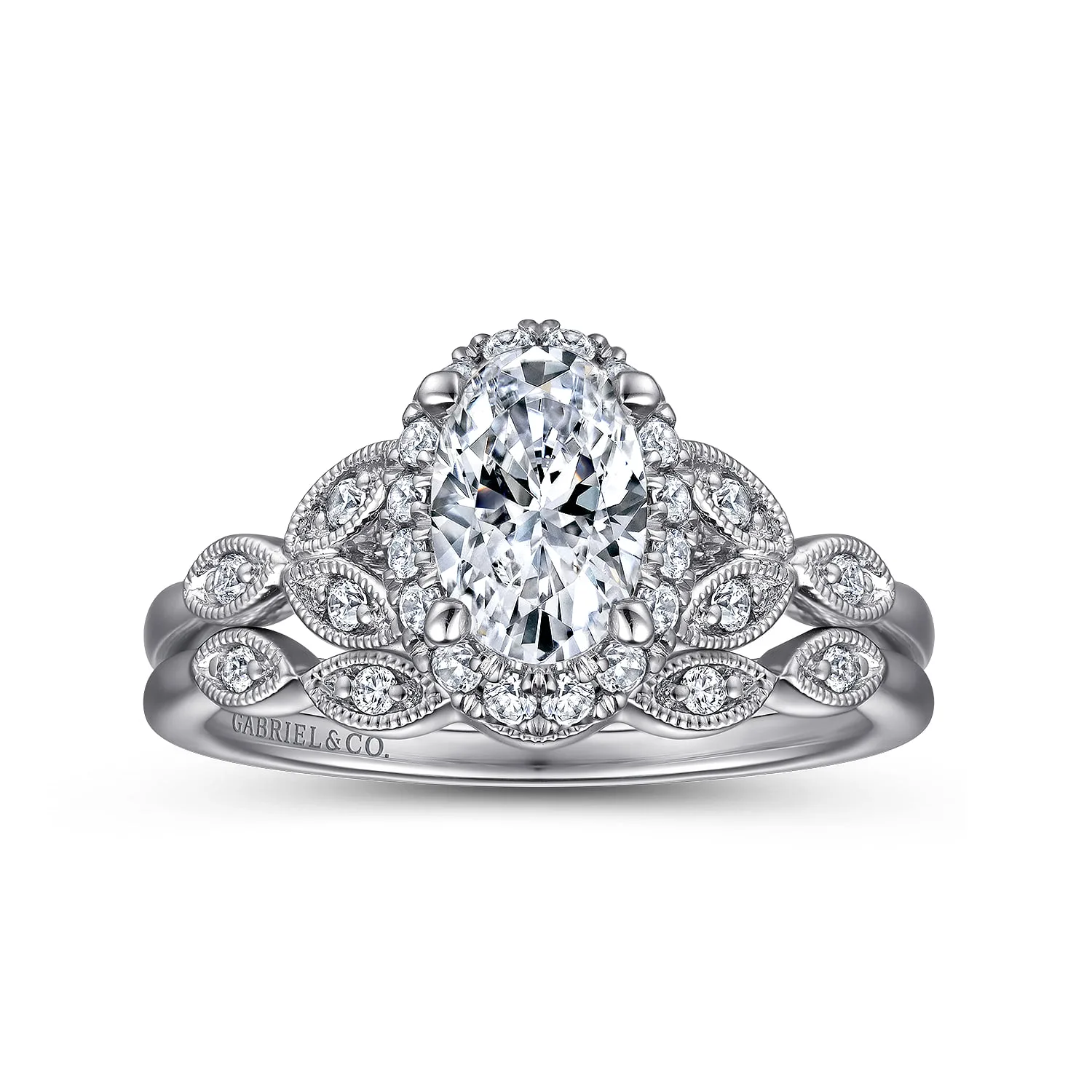 Oval Vintage Inspired Halo Diamond Engagement Ring in 14K White Gold, photograph 4