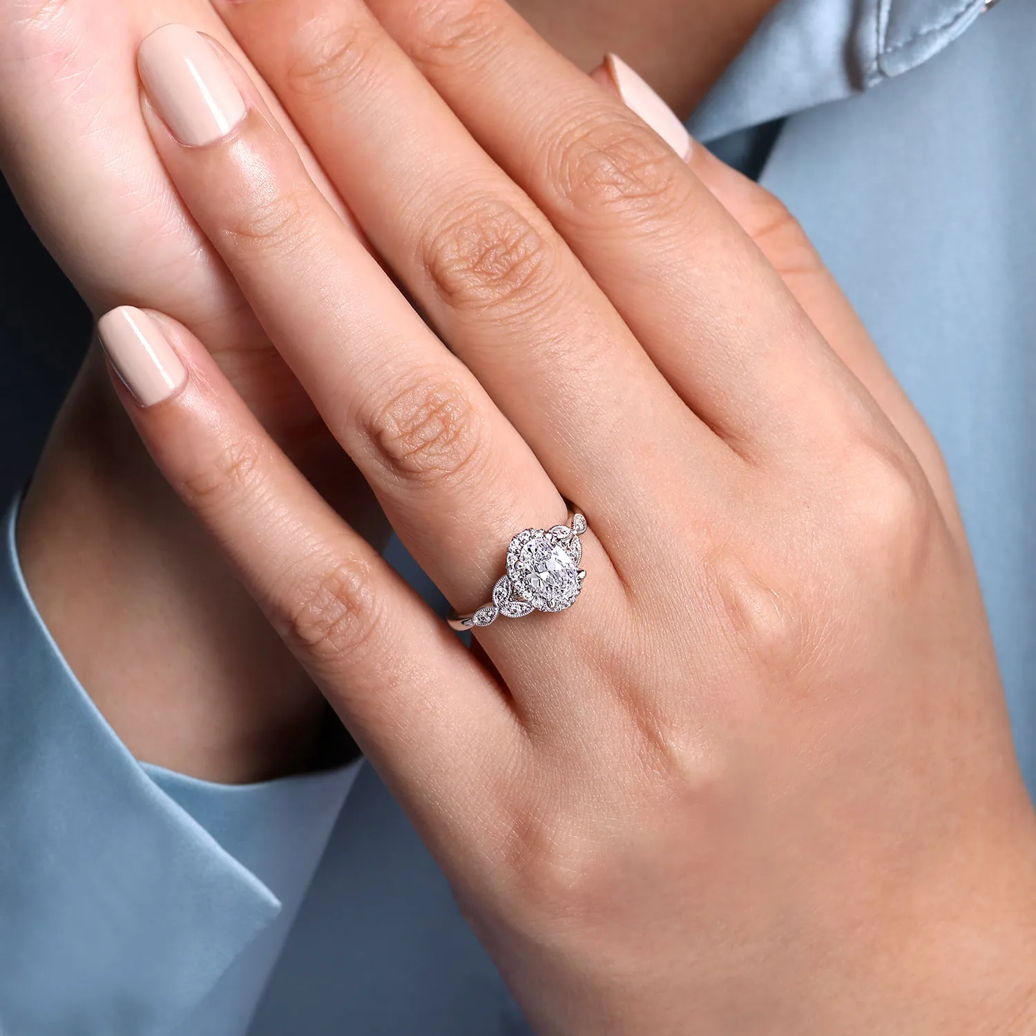 Oval Vintage Inspired Halo Diamond Engagement Ring in 14K White Gold, photograph 6