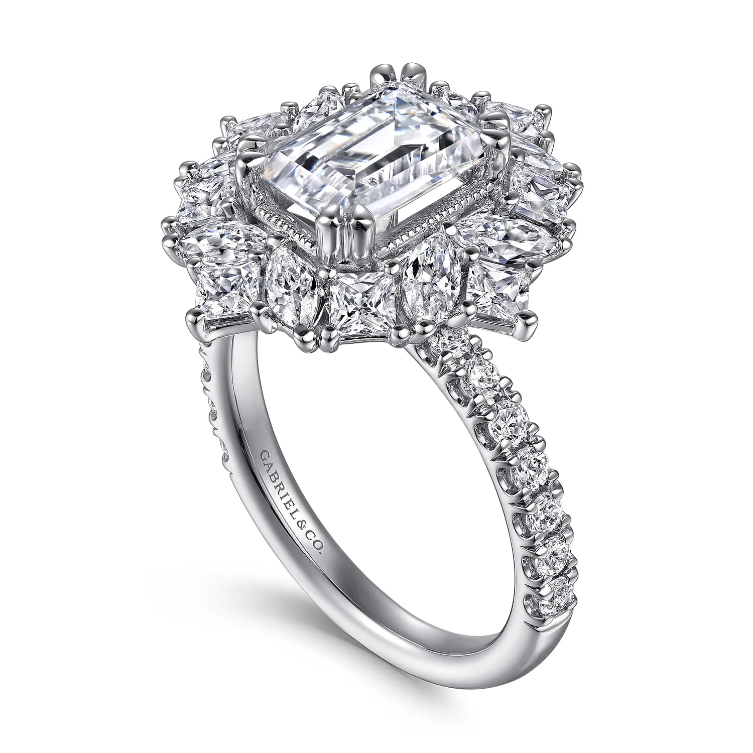 Emerald Fancy Halo Diamond Engagement Ring in 14K White Gold, photograph 3
