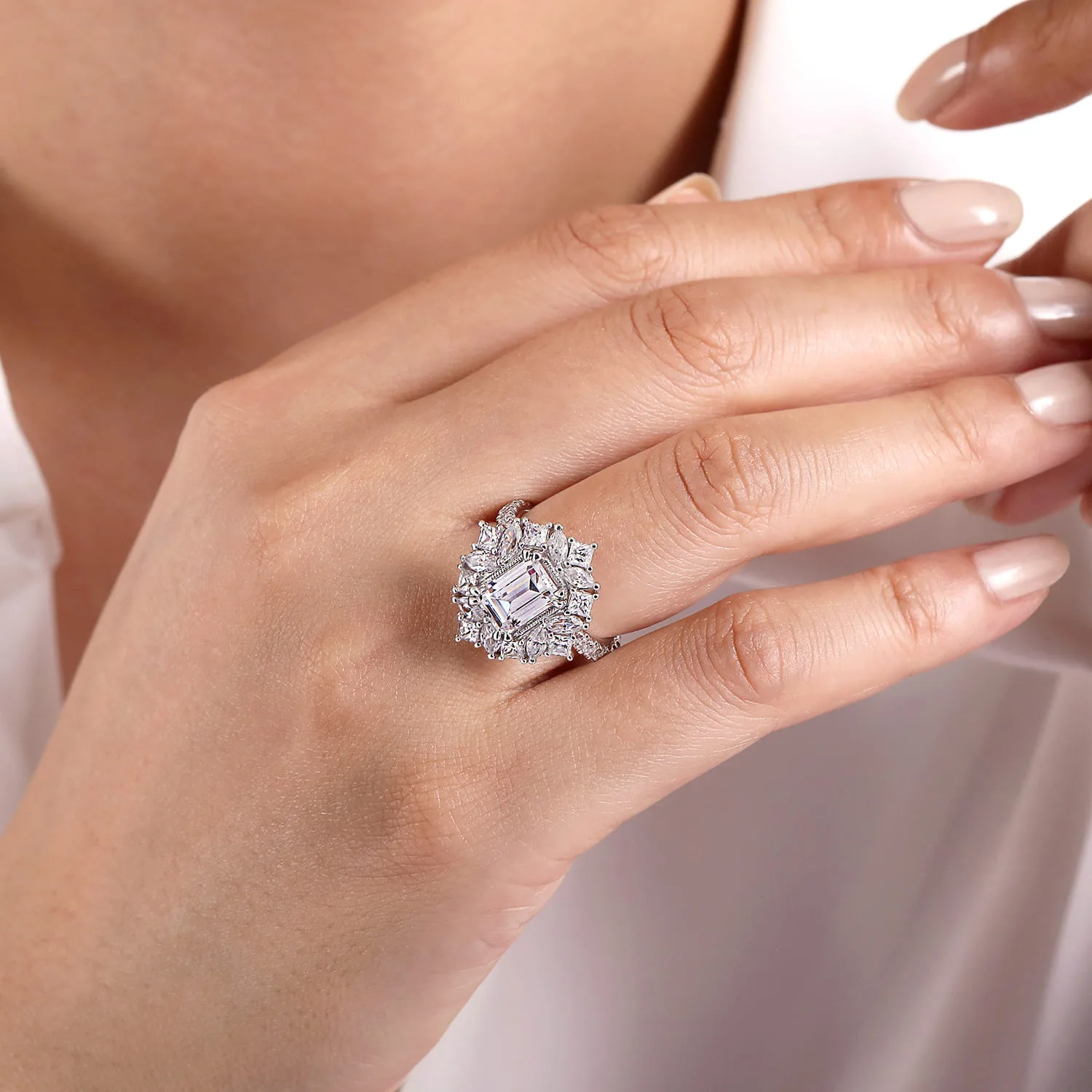 Emerald Fancy Halo Diamond Engagement Ring in 14K White Gold, photograph 6