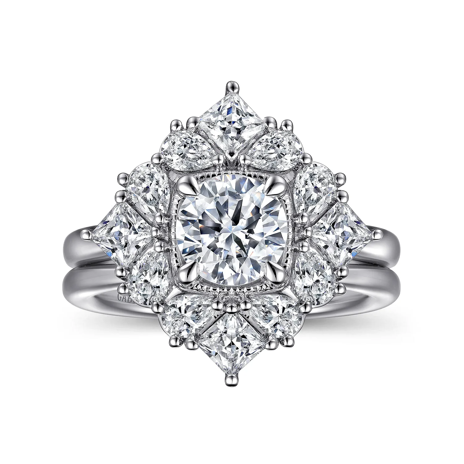 Round Fancy Halo Diamond Engagement Ring in 14K White Gold, photograph 4
