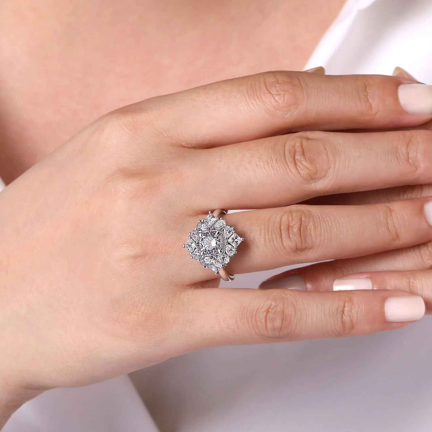 Round Fancy Halo Diamond Engagement Ring in 14K White Gold, photograph 6