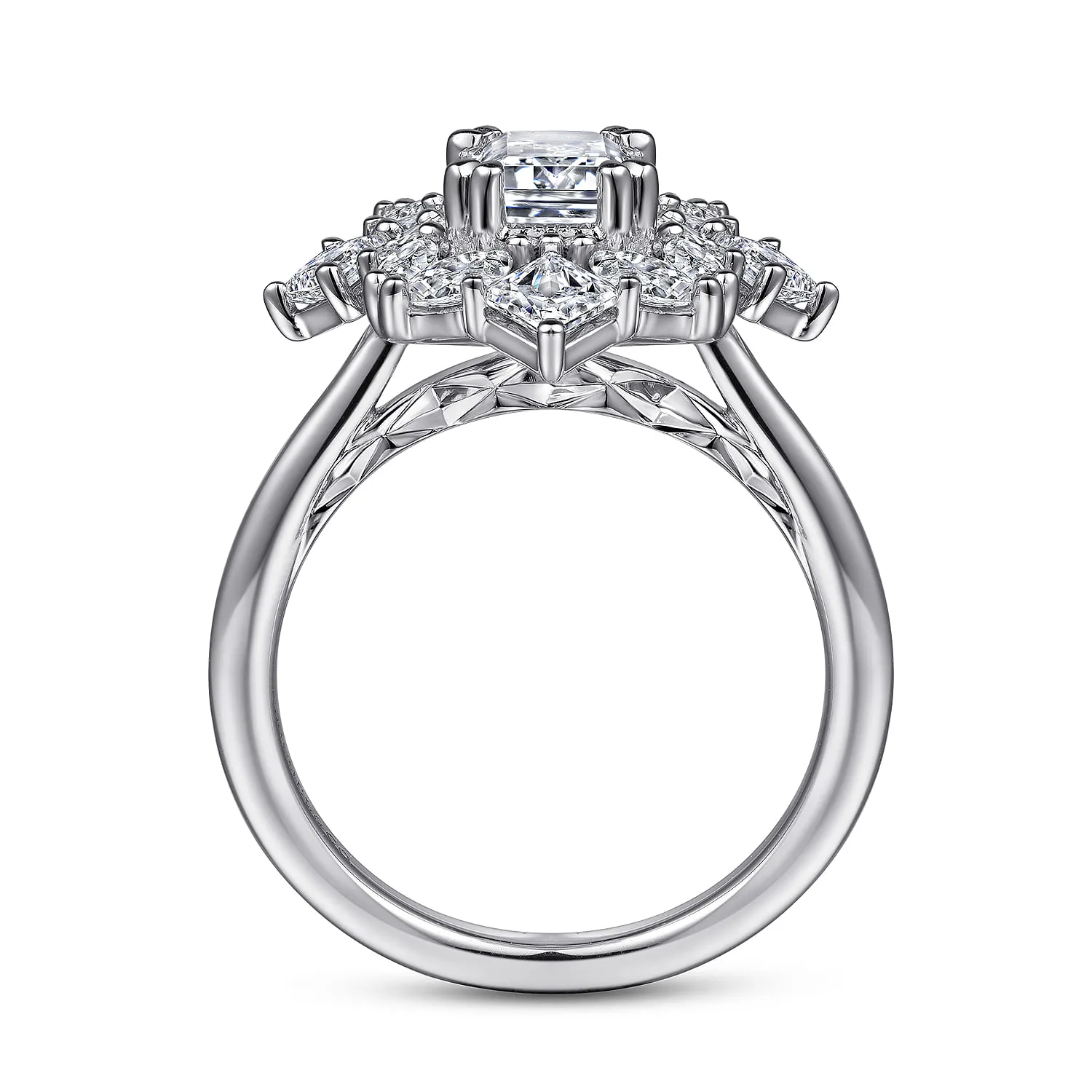 Emerald Fancy Halo Diamond Engagement Ring in 14K White Gold, photograph 2