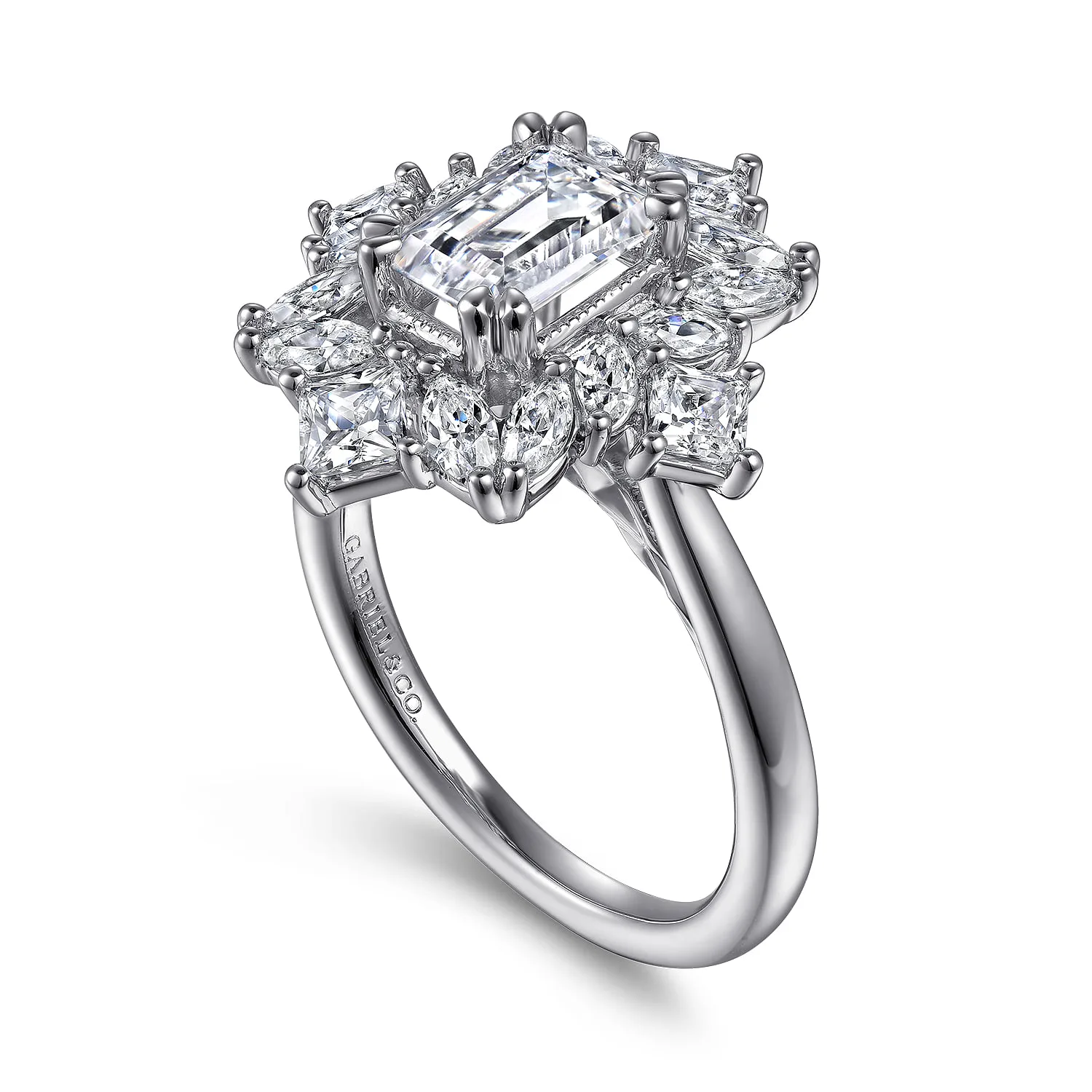 Emerald Fancy Halo Diamond Engagement Ring in 14K White Gold, photograph 3