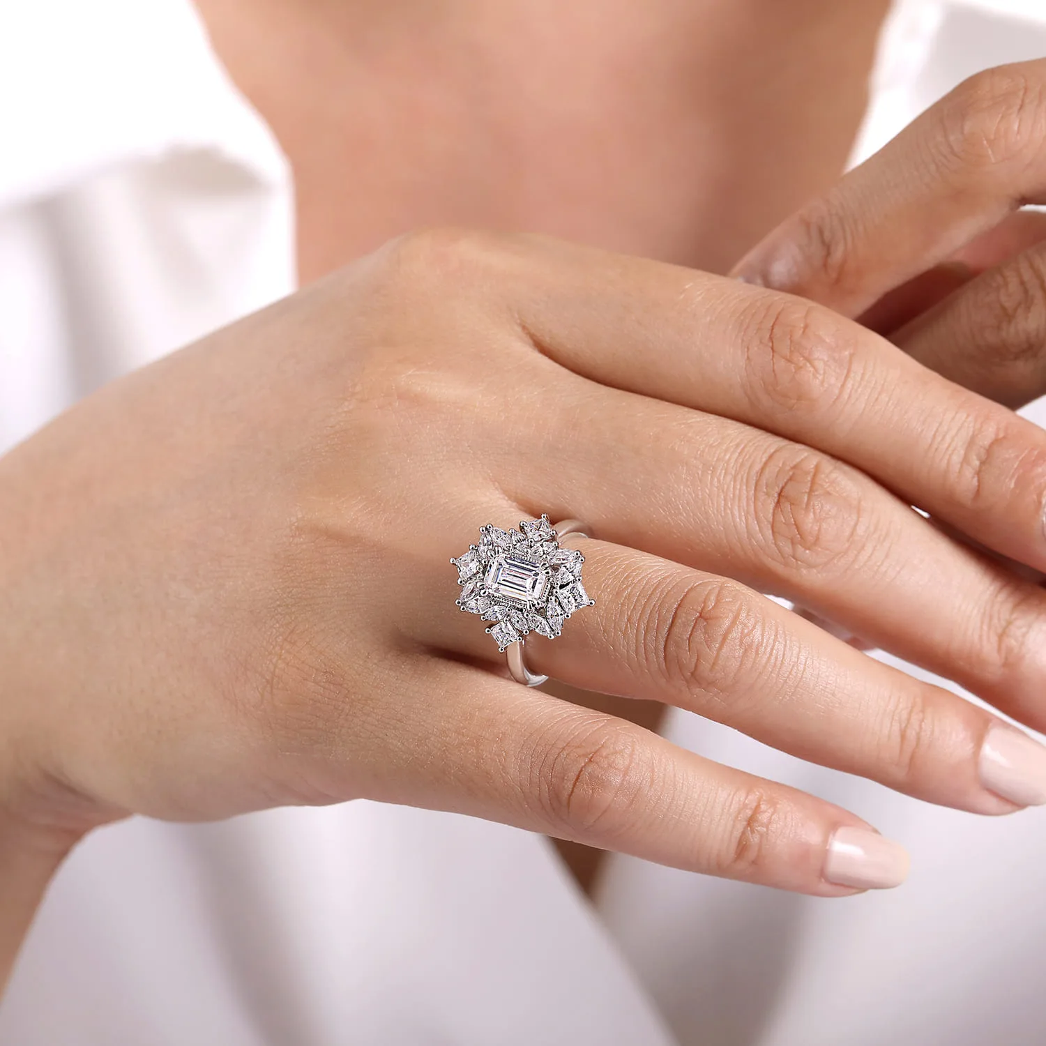 Emerald Fancy Halo Diamond Engagement Ring in 14K White Gold, photograph 6