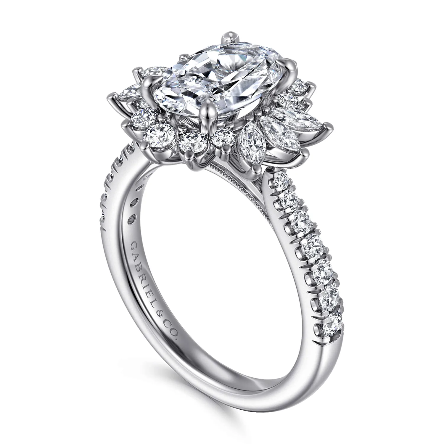 Oval Bursting Halo Diamond Engagement Ring in 14K White Gold, photograph 3