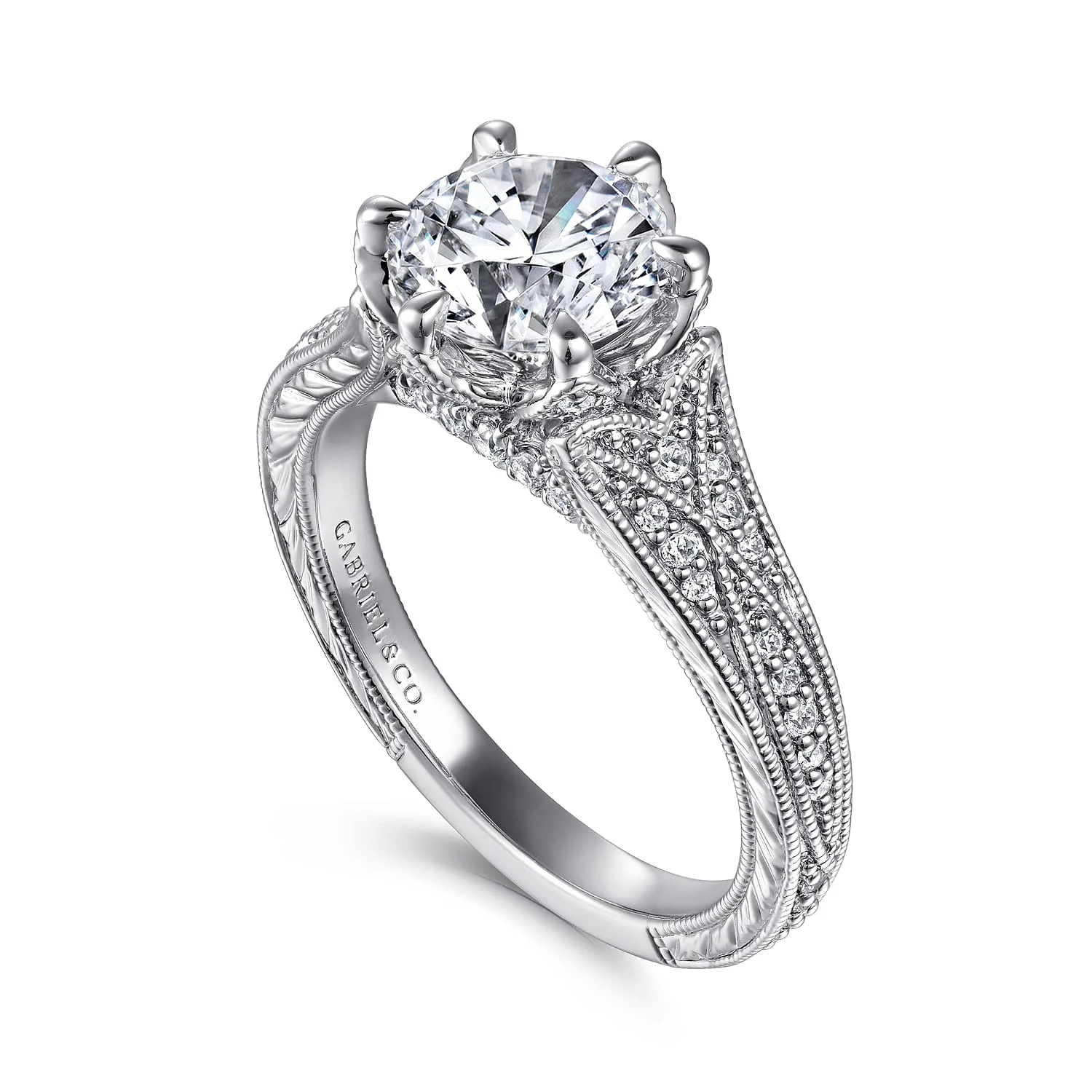 Round Vintage Inspired Diamond Engagement Ring in 14K White Gold, photograph 3