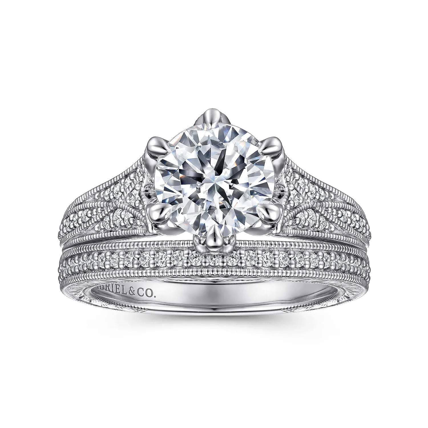 Round Vintage Inspired Diamond Engagement Ring in 14K White Gold, photograph 4