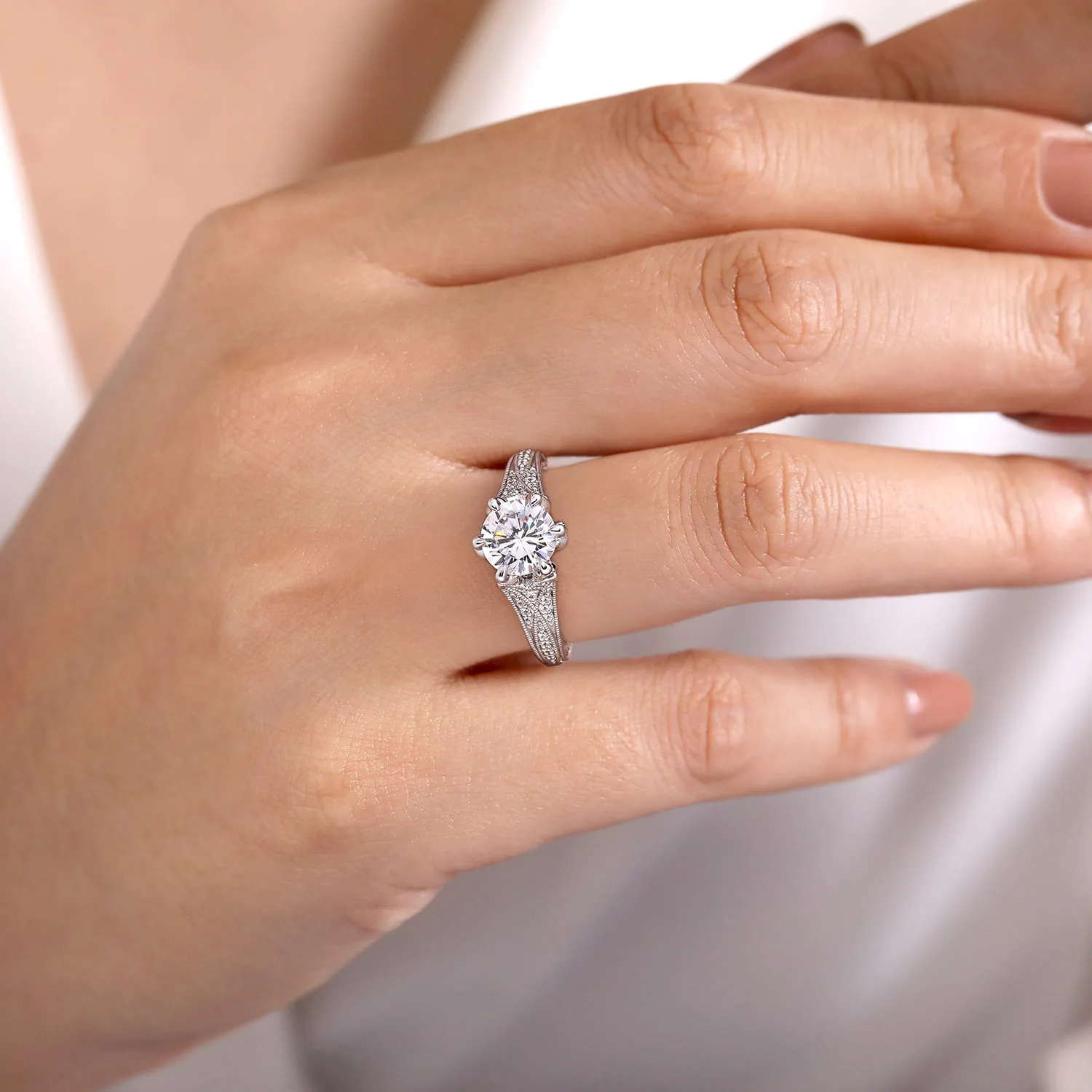 Round Vintage Inspired Diamond Engagement Ring in 14K White Gold, photograph 6