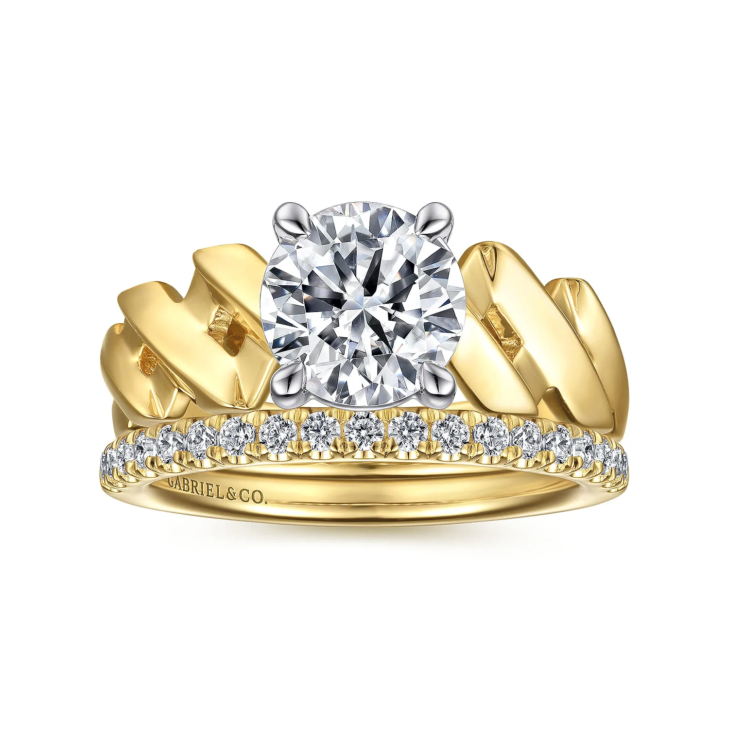 Round Twisted Diamond Engagement Ring in 14K White/Yellow Gold, photograph 4