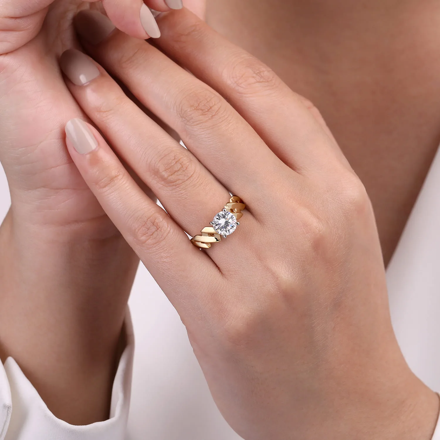 Round Twisted Diamond Engagement Ring in 14K White/Yellow Gold, photograph 6