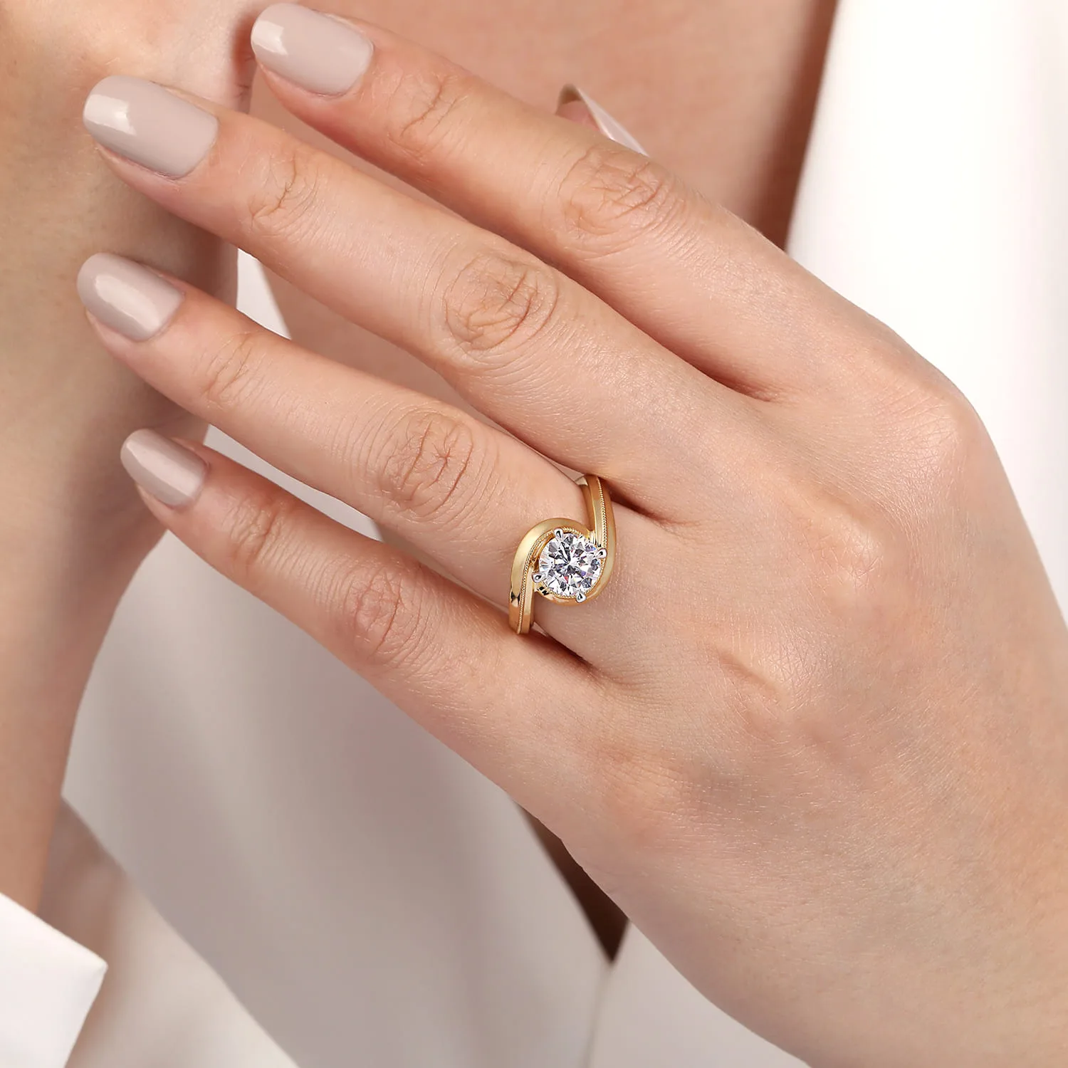 Round Bypass Diamond Engagement Ring in 14K White/Yellow Gold, photograph 6