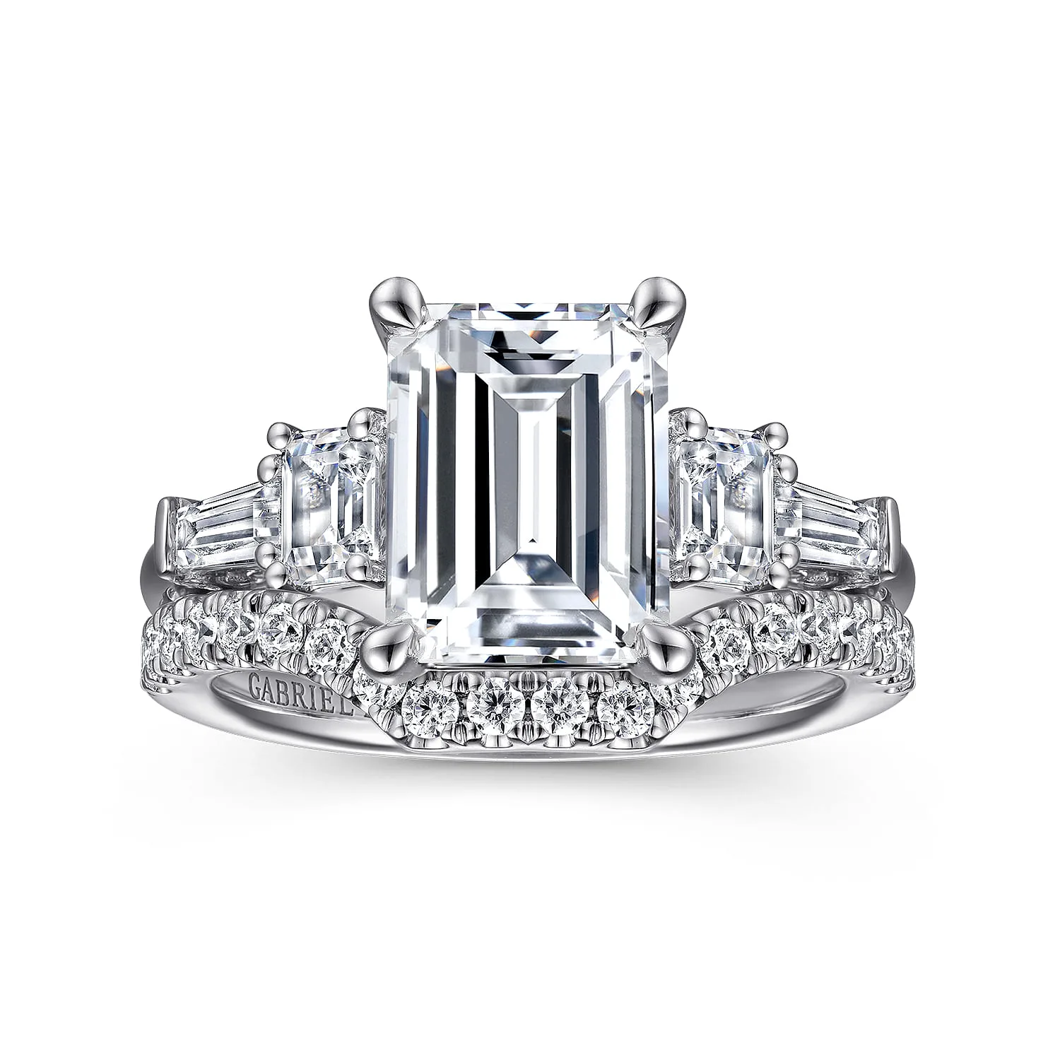 Emerald Five Stone Diamond Engagement Ring in 18K White Gold, photograph 4