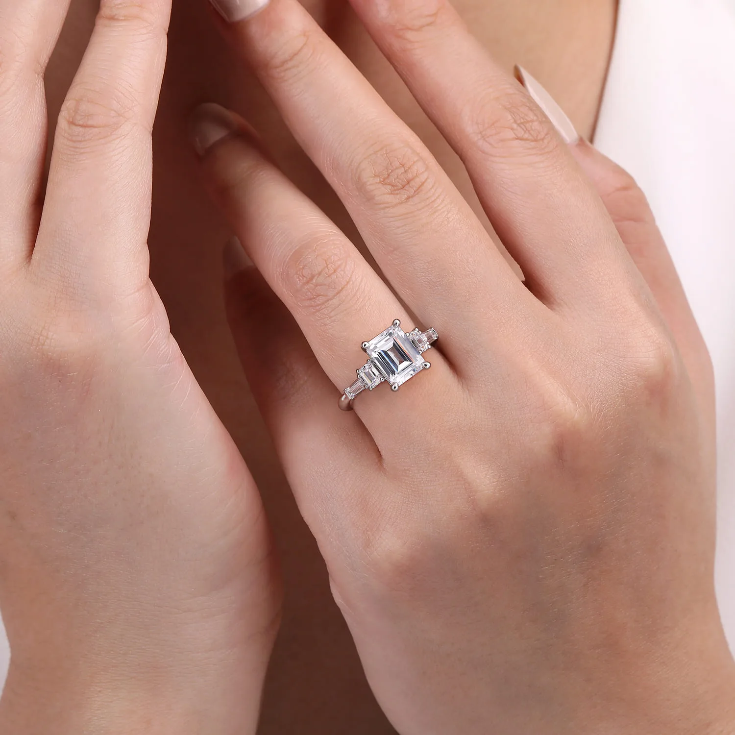 Emerald Five Stone Diamond Engagement Ring in 18K White Gold, photograph 6