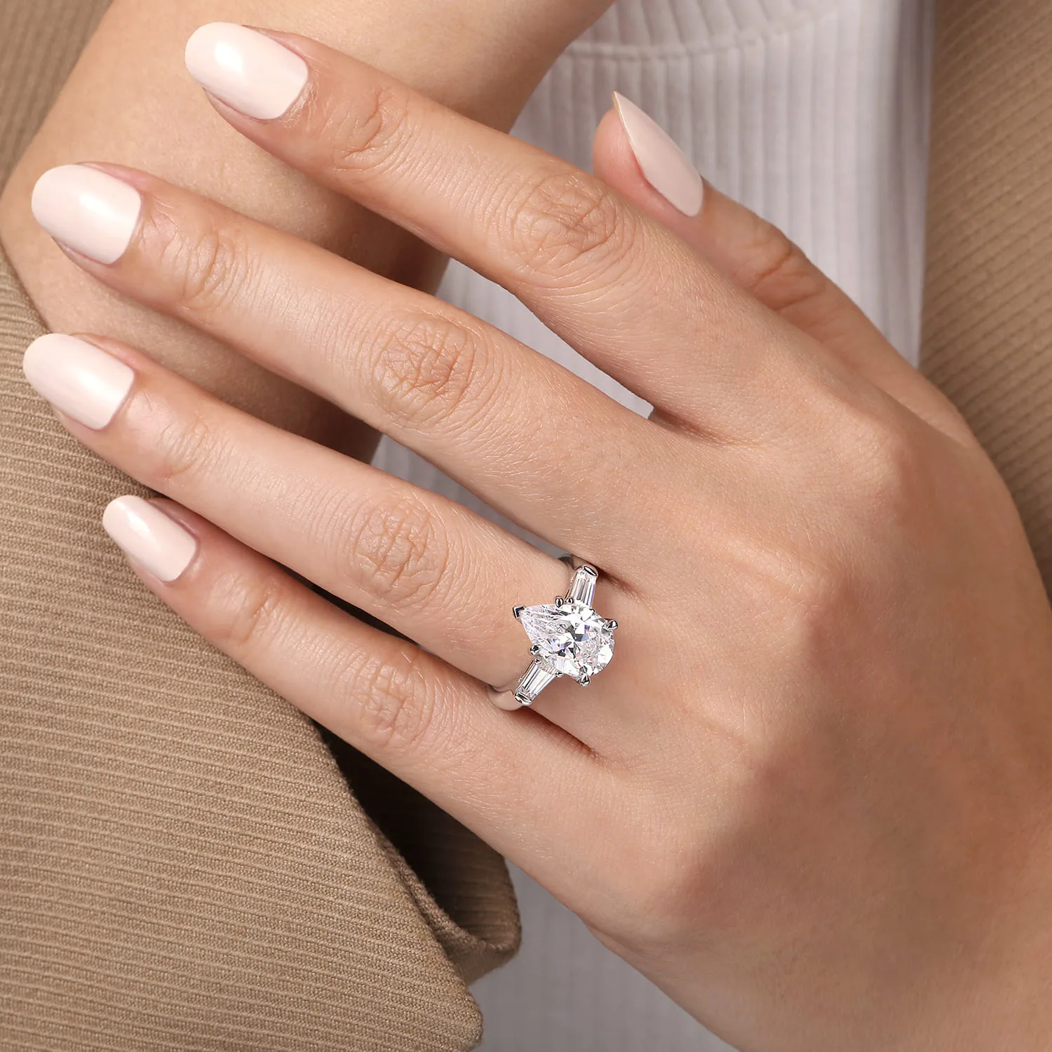 Pear Three Stone Diamond Engagement Ring in 18K White Gold, photograph 6