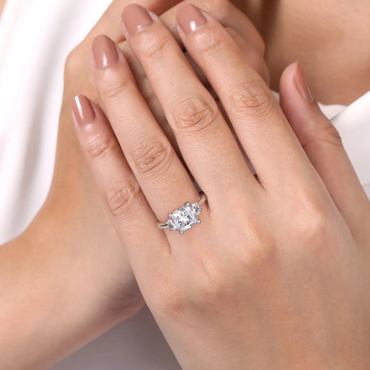 Cushion Three Stone Diamond Engagement Ring in 18K White Gold, photograph 6