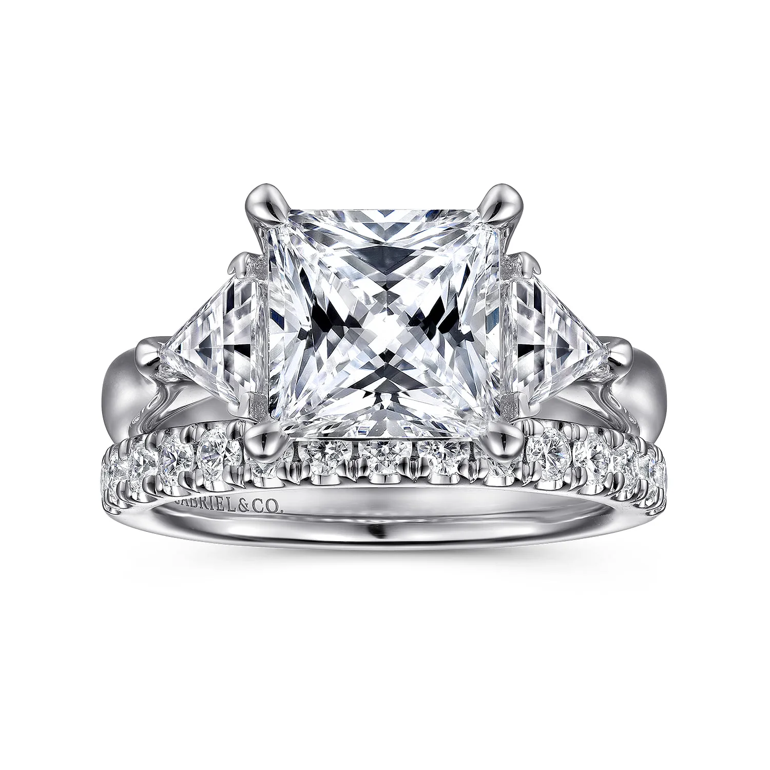 Princess Three Stone Diamond Engagement Ring in 14K White Gold, photograph 4