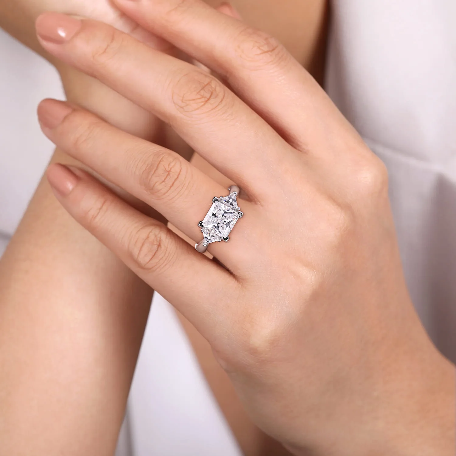 Princess Three Stone Diamond Engagement Ring in 14K White Gold, photograph 6