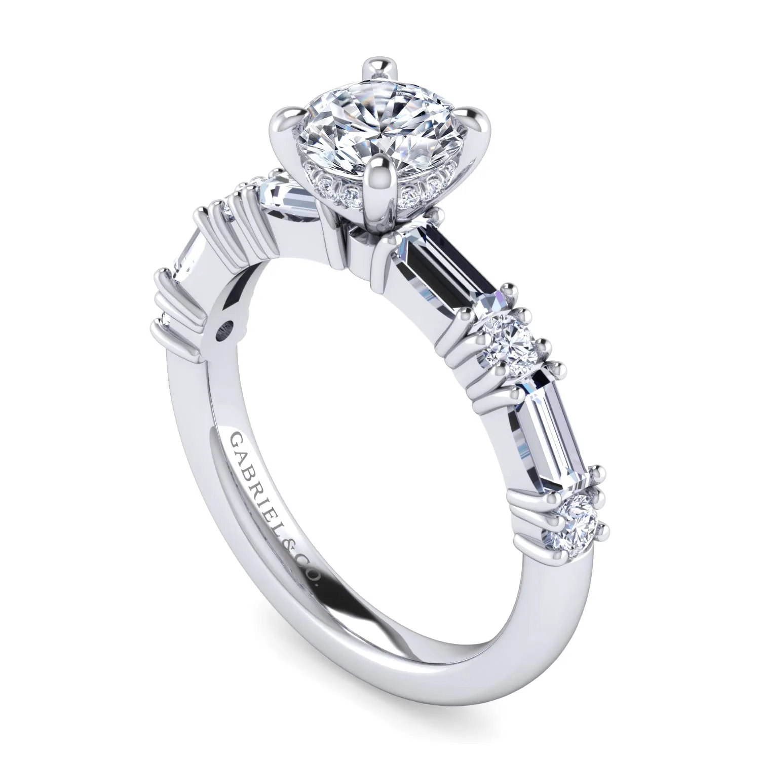 Round Baguette and Diamond Engagement Ring in 14K White Gold, photograph 3