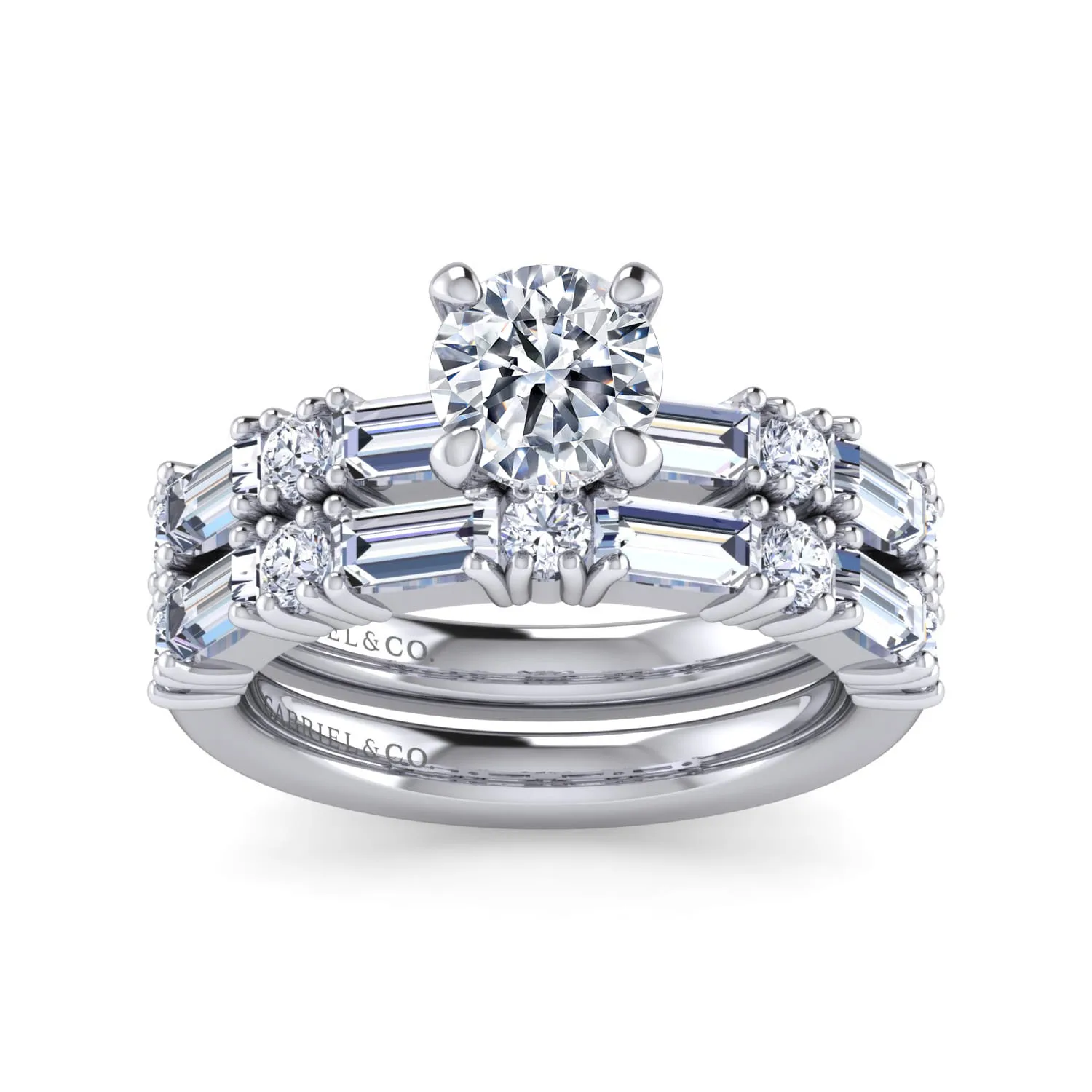 Round Baguette and Diamond Engagement Ring in 14K White Gold, photograph 4