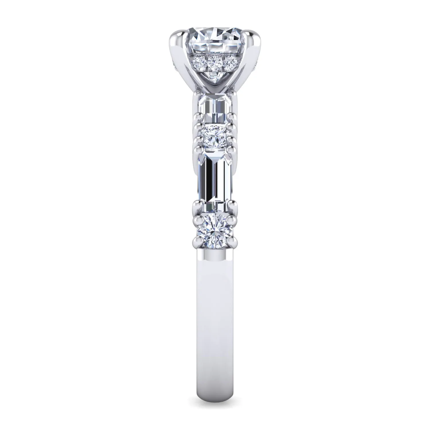 Round Baguette and Diamond Engagement Ring in 14K White Gold, photograph 5