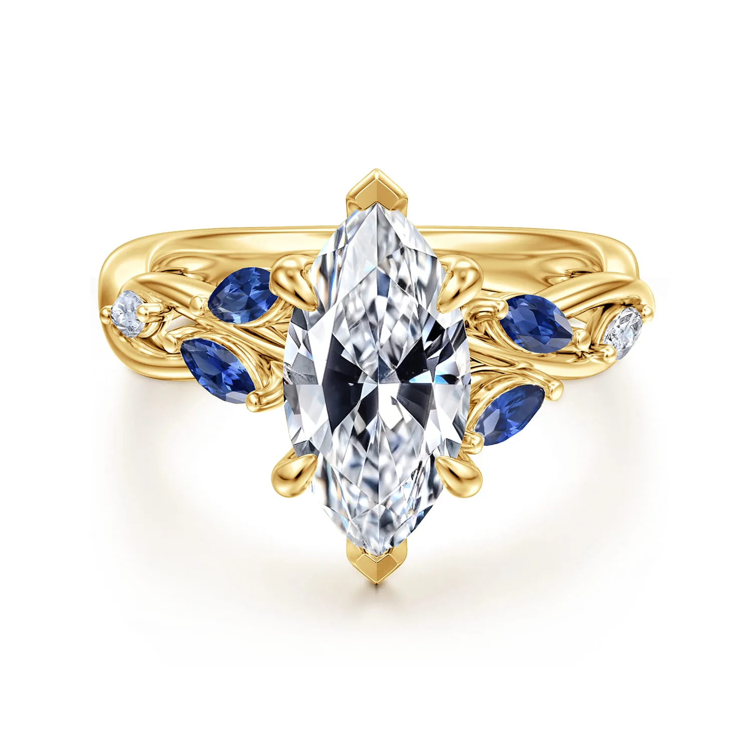 6 Prong Floral Marquise Shape Diamond and Sapphire Engagement Ring
