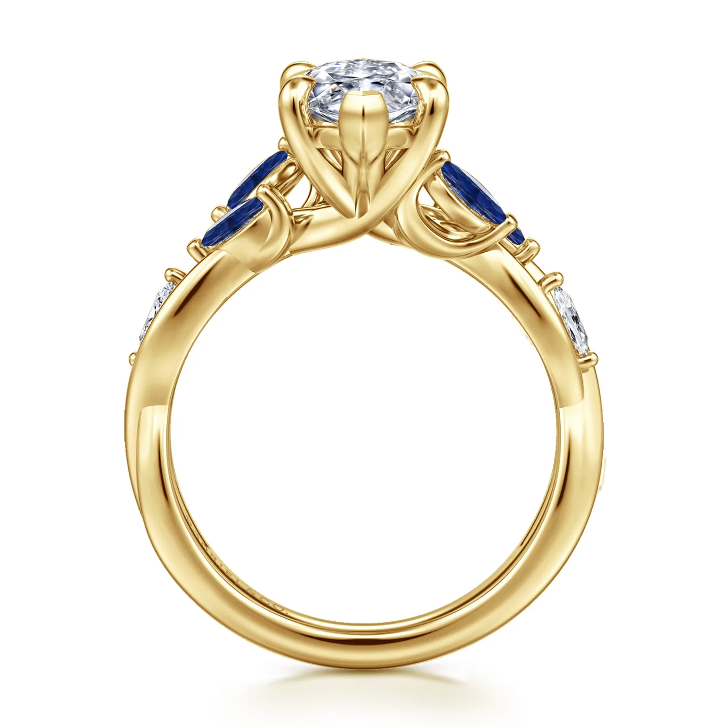 6 Prong Floral Marquise Shape Diamond and Sapphire Engagement Ring in 14K Yellow Gold, photograph 2