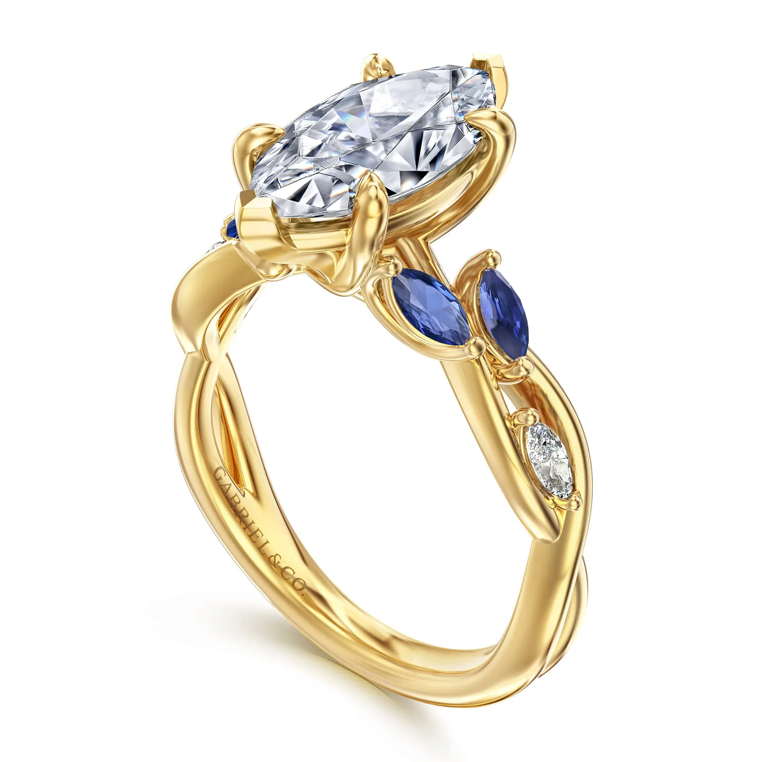 6 Prong Floral Marquise Shape Diamond and Sapphire Engagement Ring in 14K Yellow Gold, photograph 3