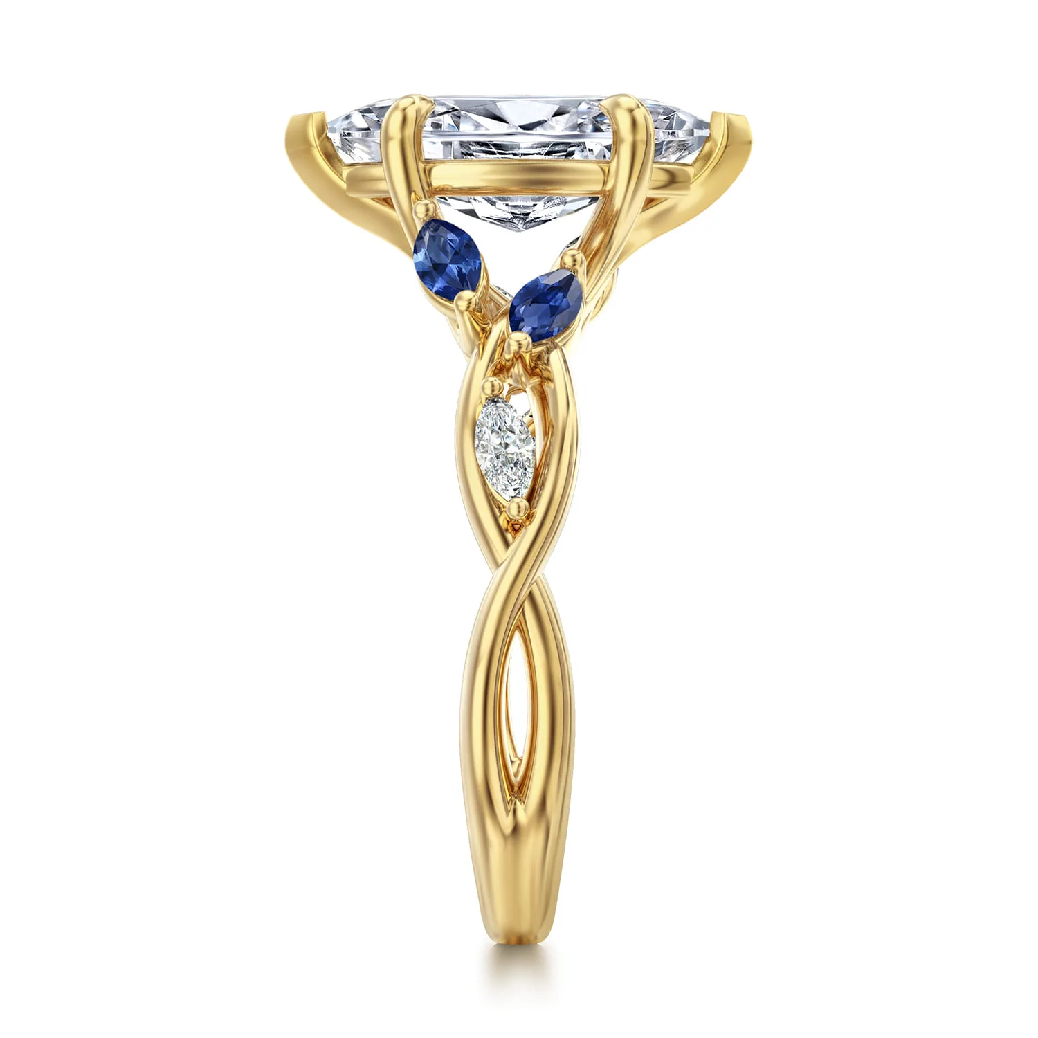 6 Prong Floral Marquise Shape Diamond and Sapphire Engagement Ring in 14K Yellow Gold, photograph 4