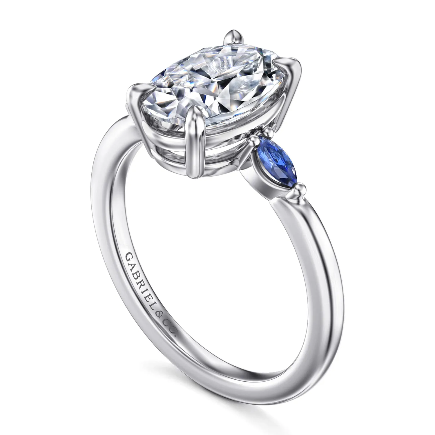 Round Three Stone Diamond and Sapphire Engagement Ring in 14K White Gold, photograph 3