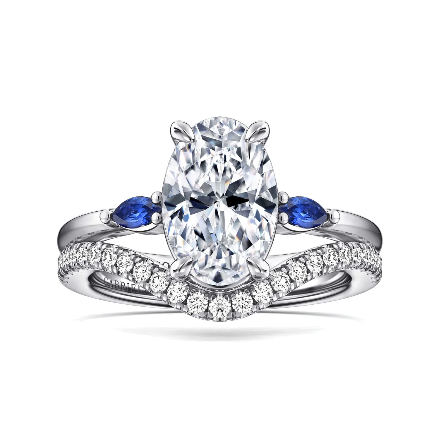 Round Three Stone Diamond and Sapphire Engagement Ring in 14K White Gold, photograph 4