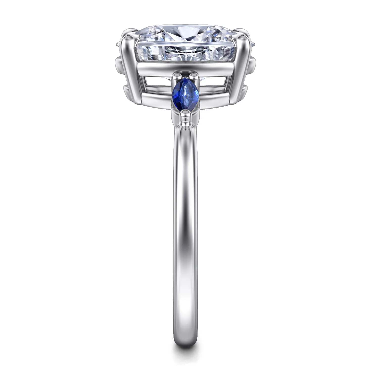 Round Three Stone Diamond and Sapphire Engagement Ring in 14K White Gold, photograph 5