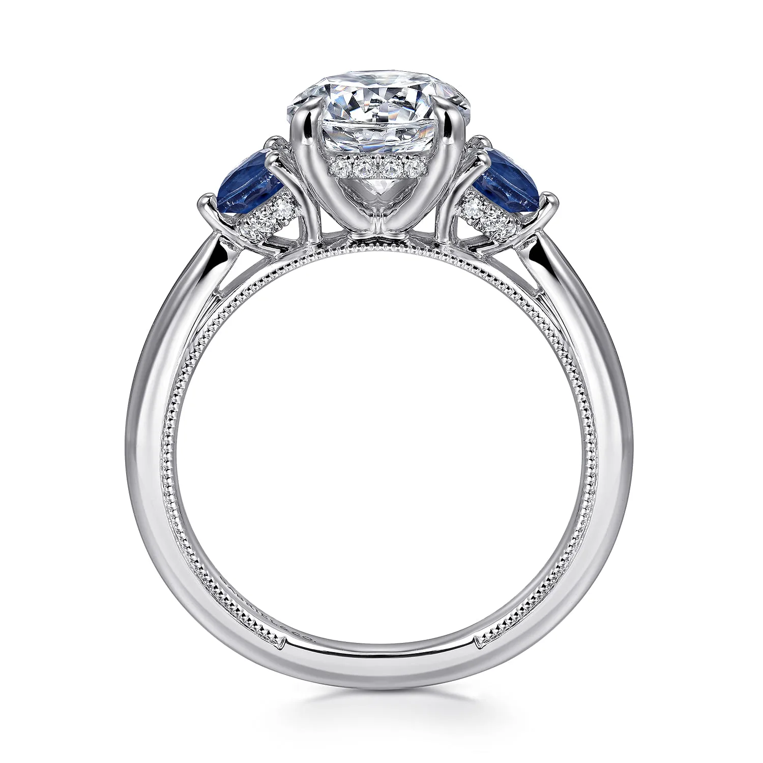 Round Three Stone Diamond and Sapphire Engagement Ring in 14K White Gold, photograph 2