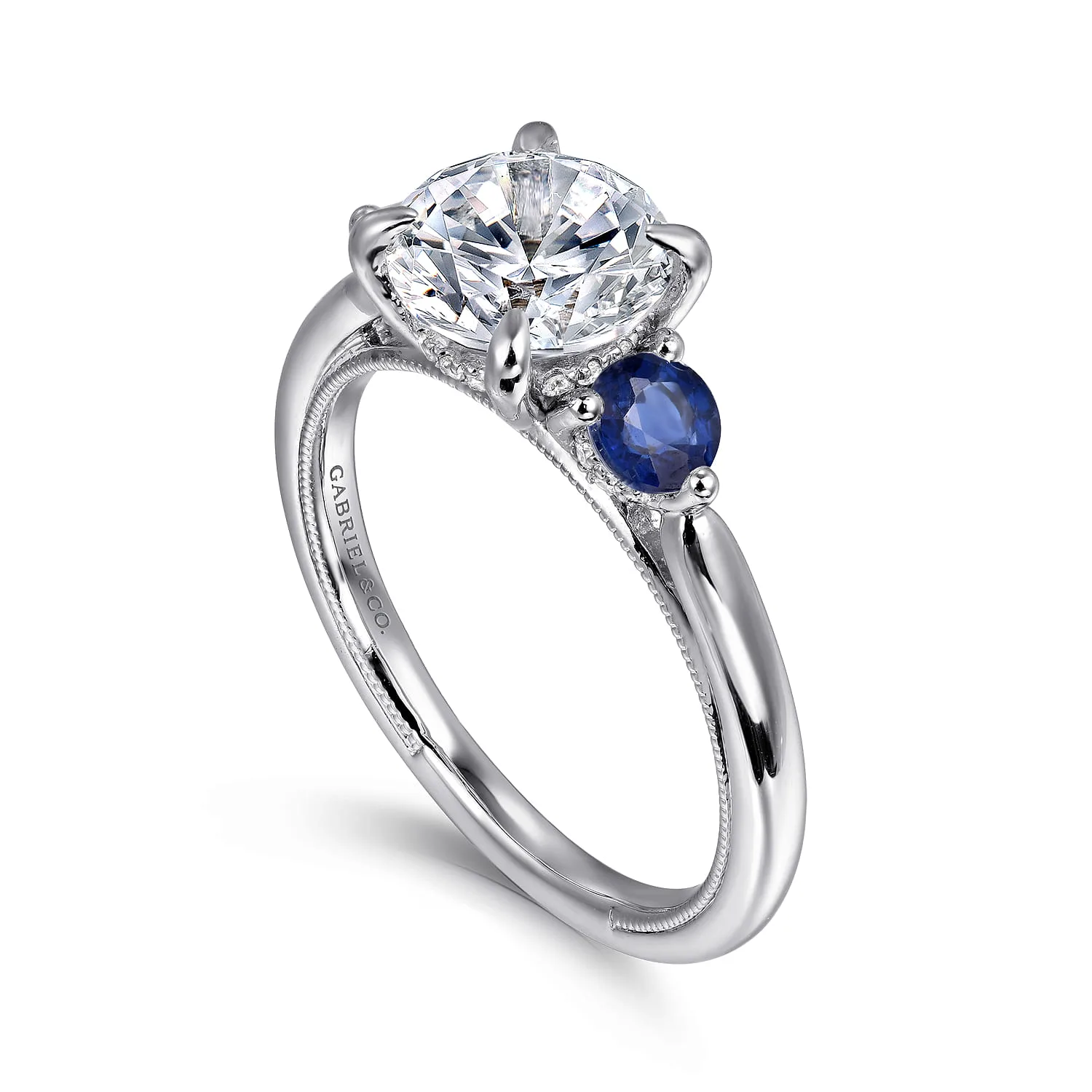 Round Three Stone Diamond and Sapphire Engagement Ring in 14K White Gold, photograph 3