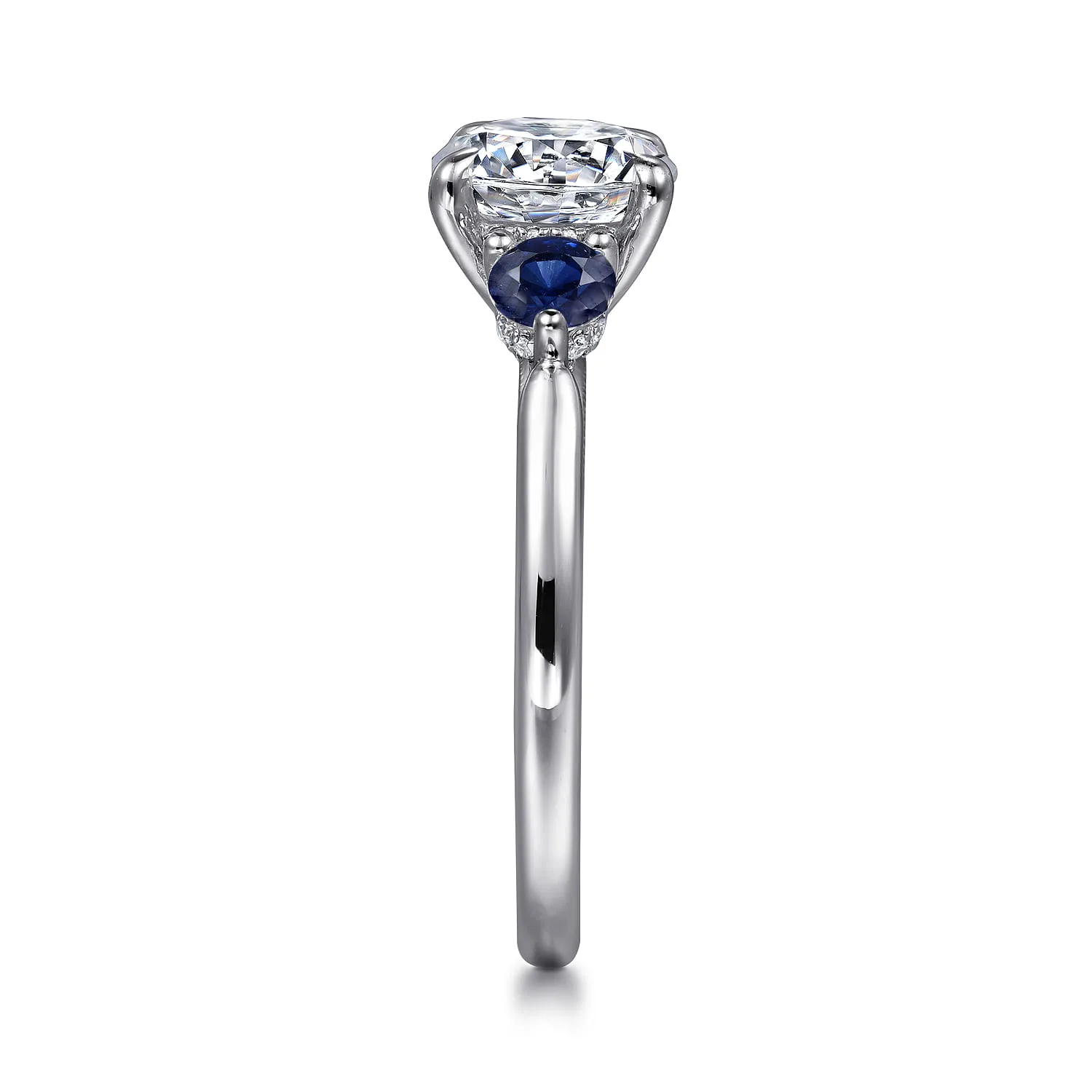 Round Three Stone Diamond and Sapphire Engagement Ring in 14K White Gold, photograph 4