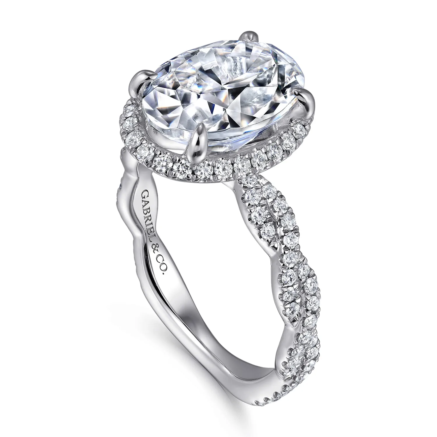 Oval Halo Twisted Diamond Engagement Ring in 14K White Gold, photograph 3