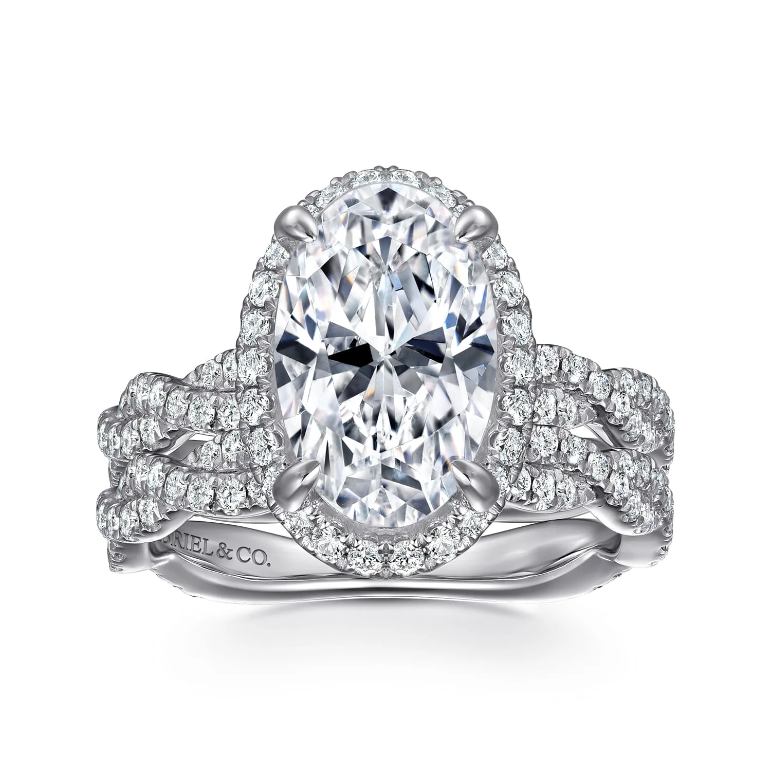 Oval Halo Twisted Diamond Engagement Ring in 14K White Gold, photograph 4