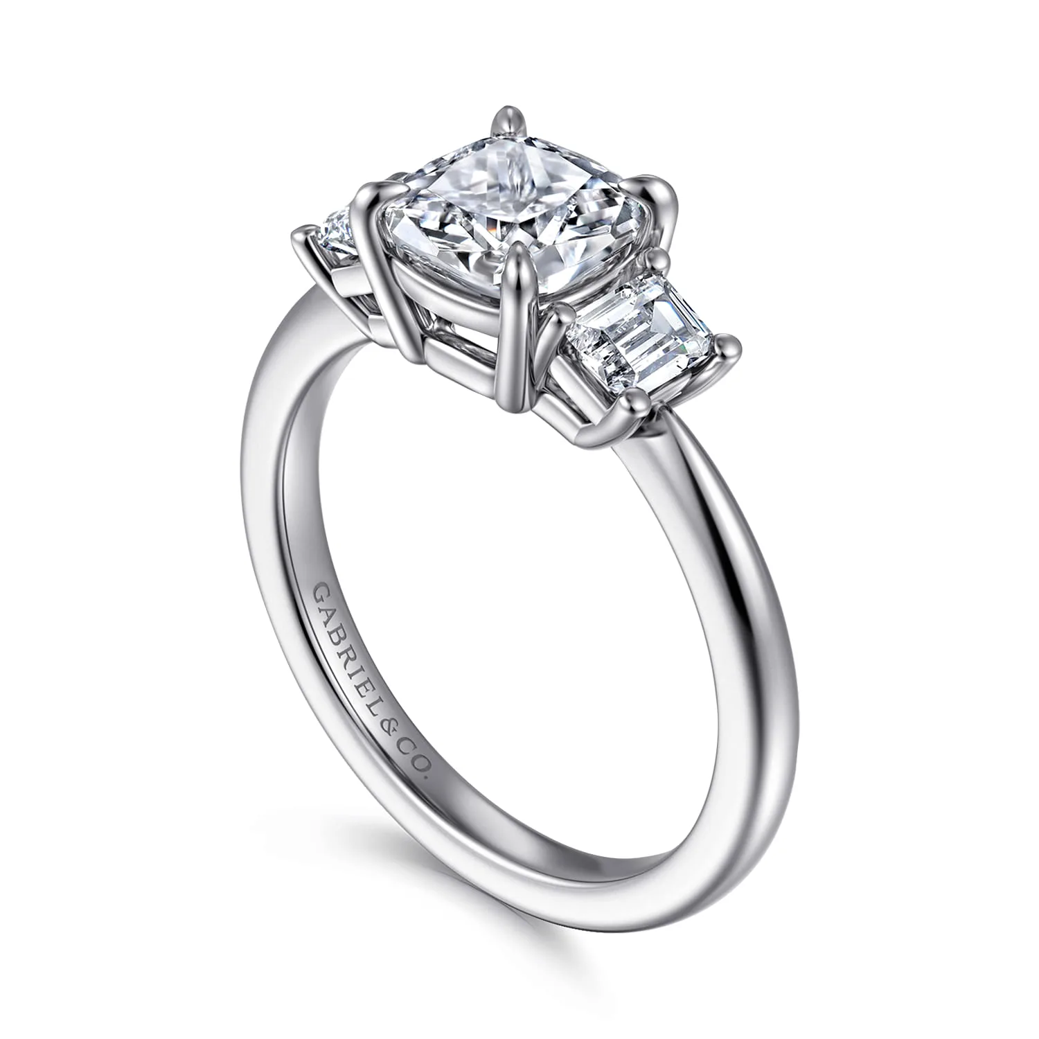 Cushion Three Stone Diamond Engagement Ring in 14K White Gold, photograph 3